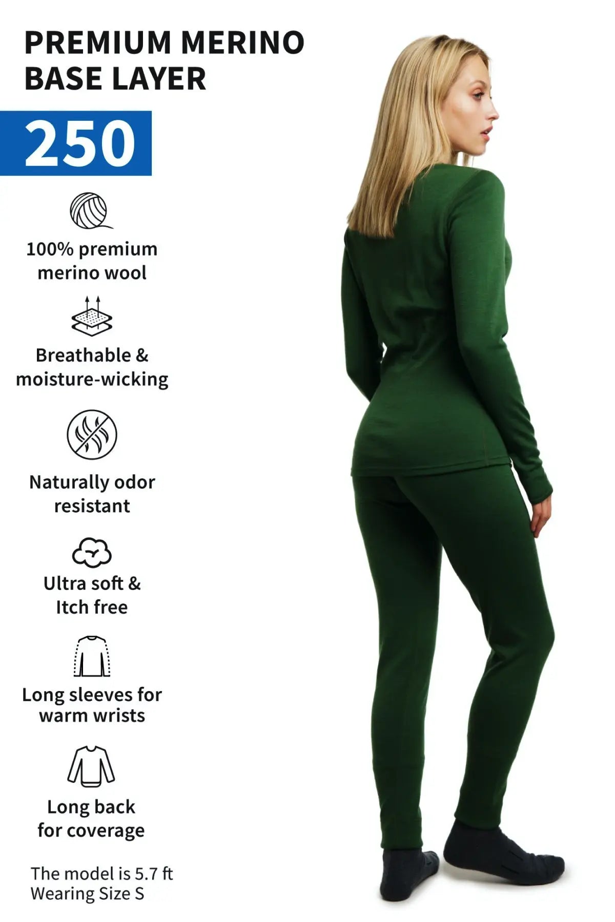 Women's Merino Wool Thermal Underwear Set - 250g Olive Green Base Layer for Cold Weather Hiking, Skiing & Winter Outdoor Activities