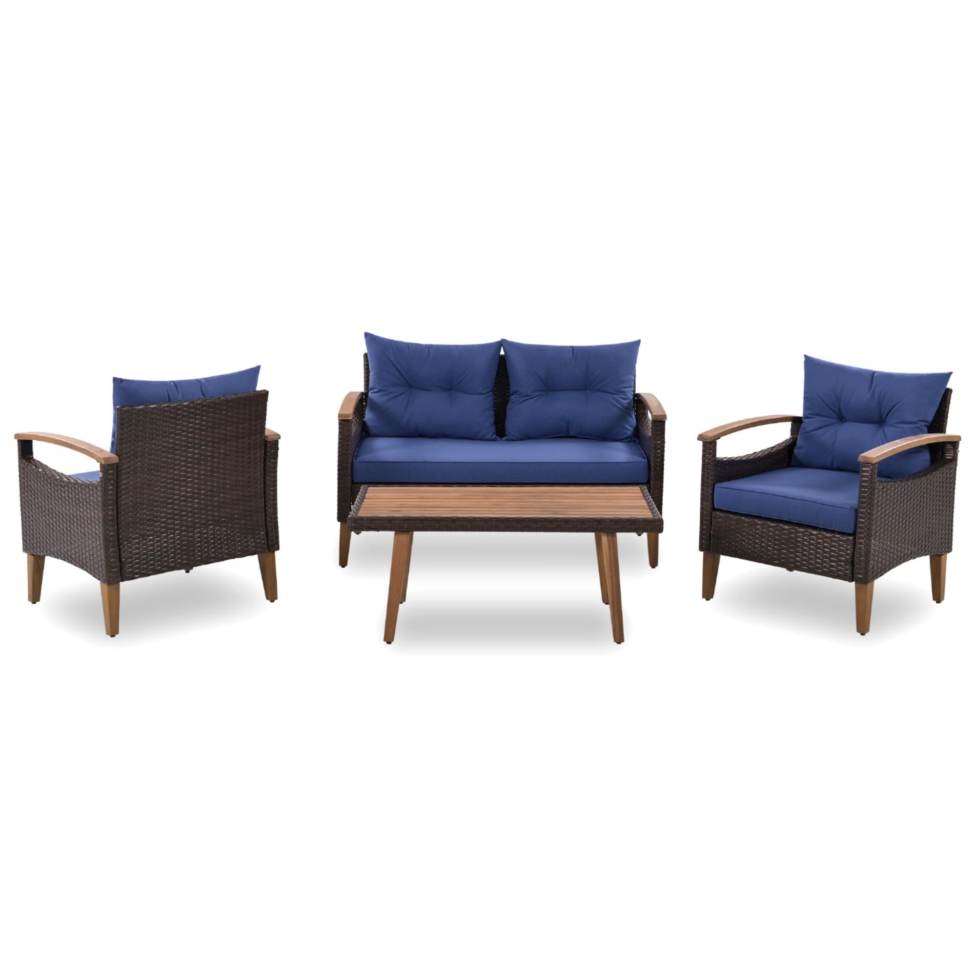 4-Piece Outdoor Patio Furniture Set with Coffee Table & Cushions - Garden Conversation Set for Backyard, Porch or Poolside (Blue) - Perfect for Relaxing, Entertaining & Outdoor Dining