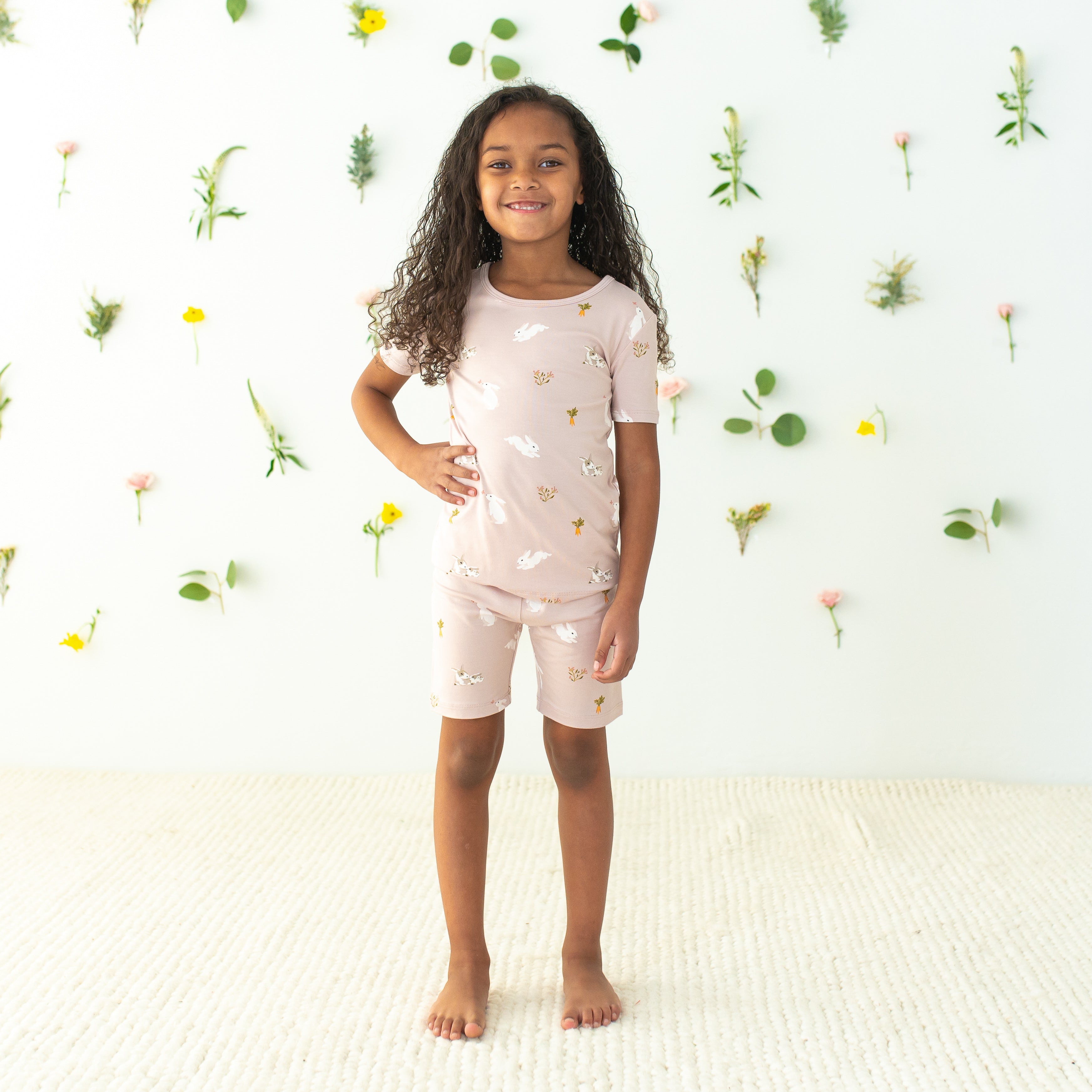 Soft Blush Pink Rabbit Print Short Sleeve Pajama Set - Cozy Sleepwear for Women & Girls - Perfect for Lounging, Sleepovers and Relaxing at Home