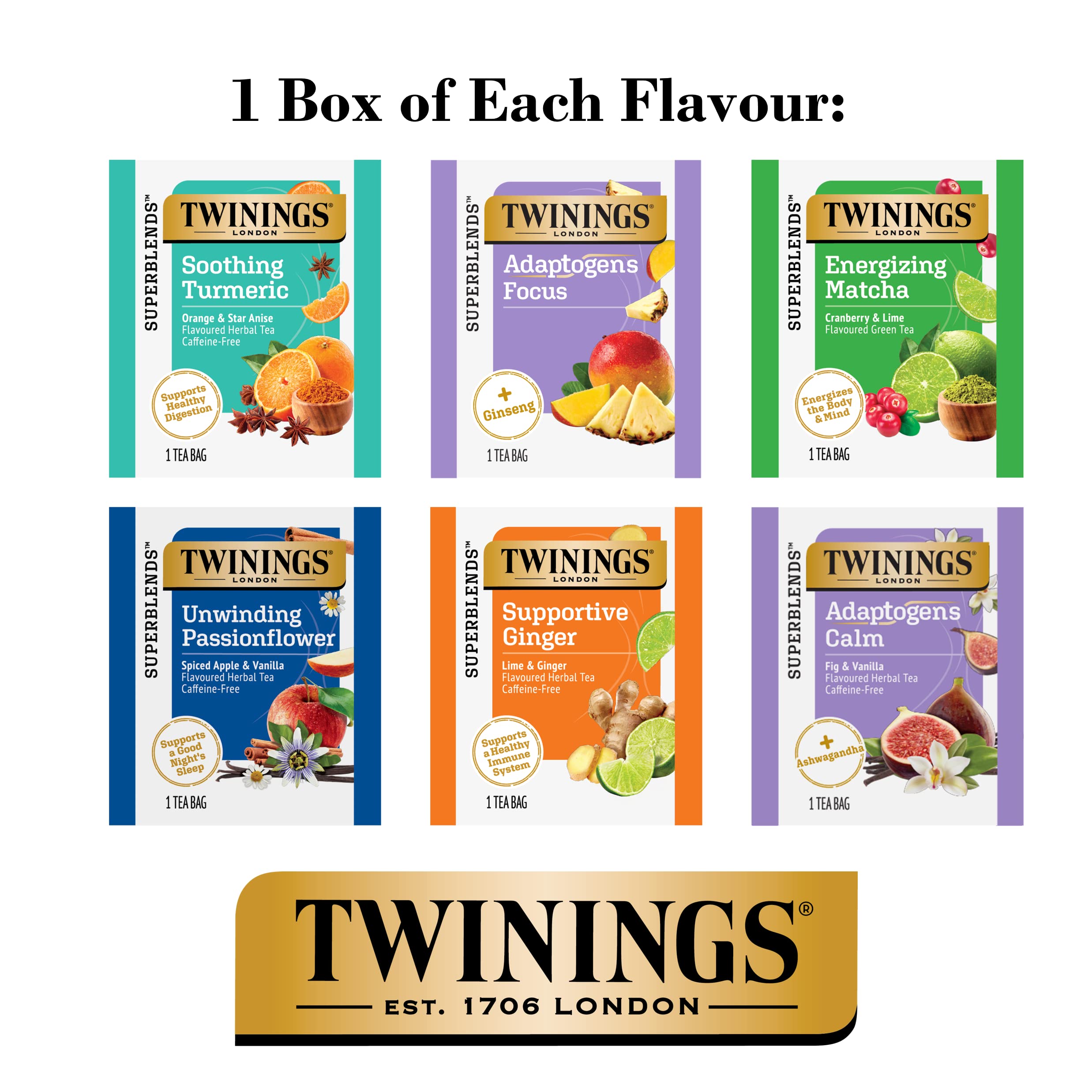 Twinings Daily Wellness Tea Variety Pack - Herbal & Green Tea Sampler (18 Tea Bags, Pack of 6) | Hot or Iced | Immune Support & Relaxation | Perfect for Morning Boost, Afternoon Pick-Me-Up & Evening Wind Down