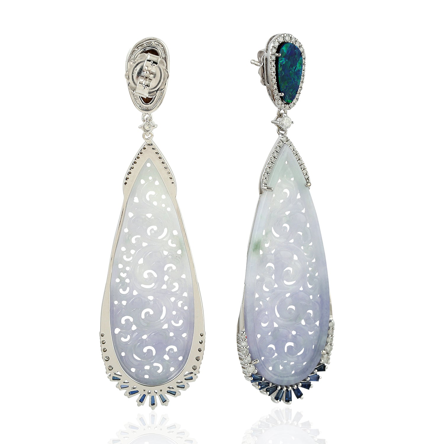 Exquisite 14K White Gold Dangler Earrings with Carved Jade, Baguette Sapphire, Oval Opal & Diamond Accents - Perfect for Weddings, Parties & Special Occasions