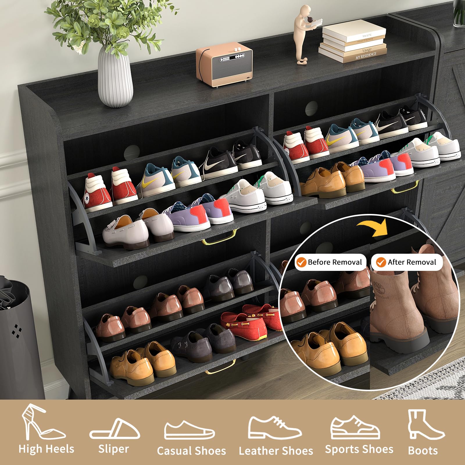 4-Tier Flip-Drawer Shoe Storage Cabinet - Freestanding Entryway Organizer with Wooden Legs | Farmhouse Style Hidden Shoe Rack for Hallway, Bedroom & Closet (Black)