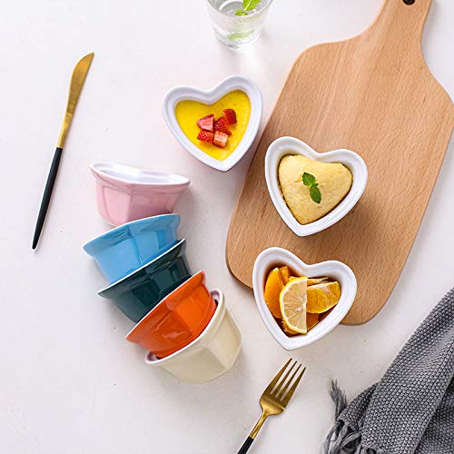 Heart-Shaped Porcelain Ramekin Bowls - Set of 4 Souffle & Crème Brûlée Dishes for Baking (Red/Green/Blue/Pink/Yellow) | Perfect for Desserts, Appetizers & Romantic Dinners