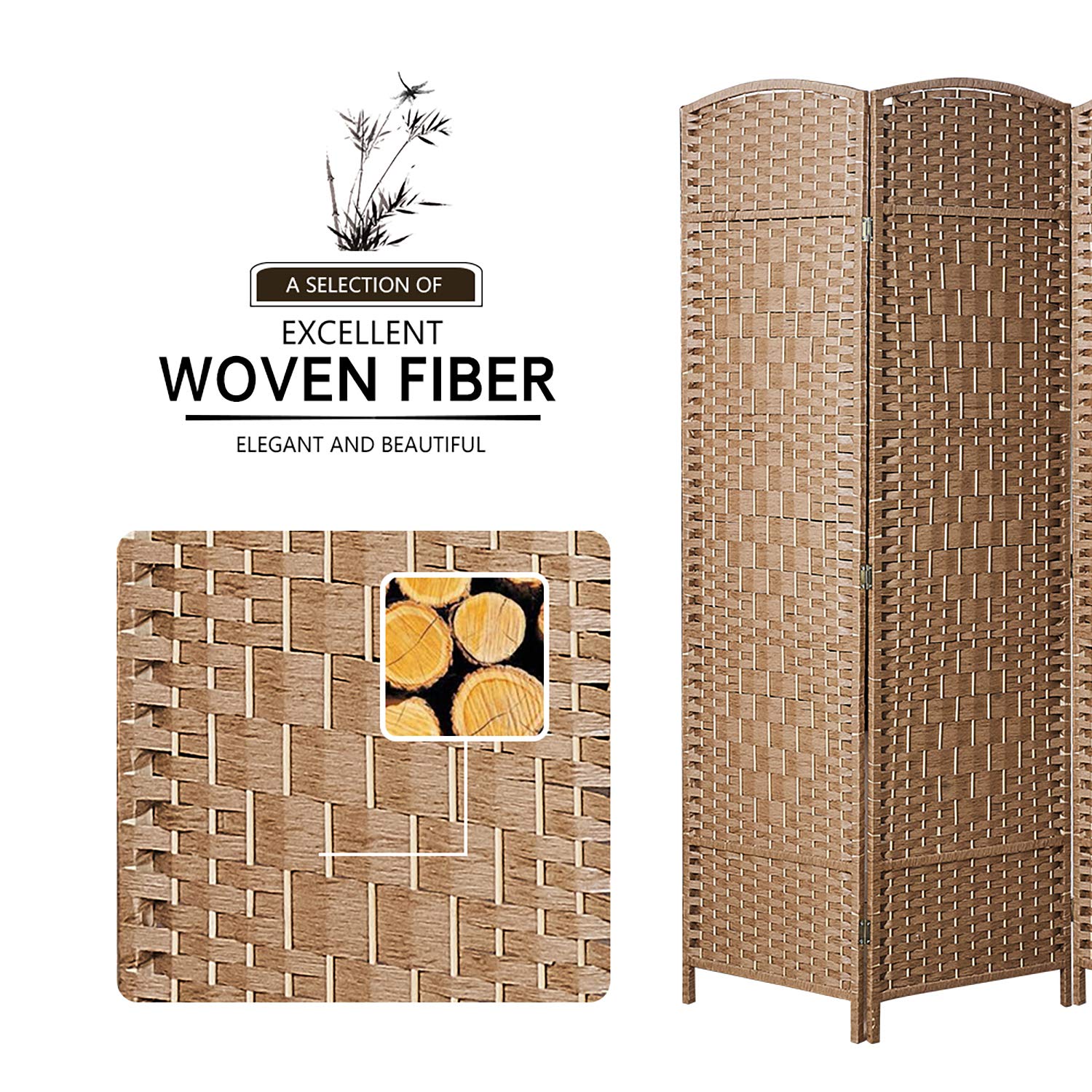 8 Panel Room Divider Screen - 6Ft Tall Extra Wide Folding Privacy Partition with Diamond Double-Woven Handcrafted Design for Bedroom, Office & Event Space Decoration
