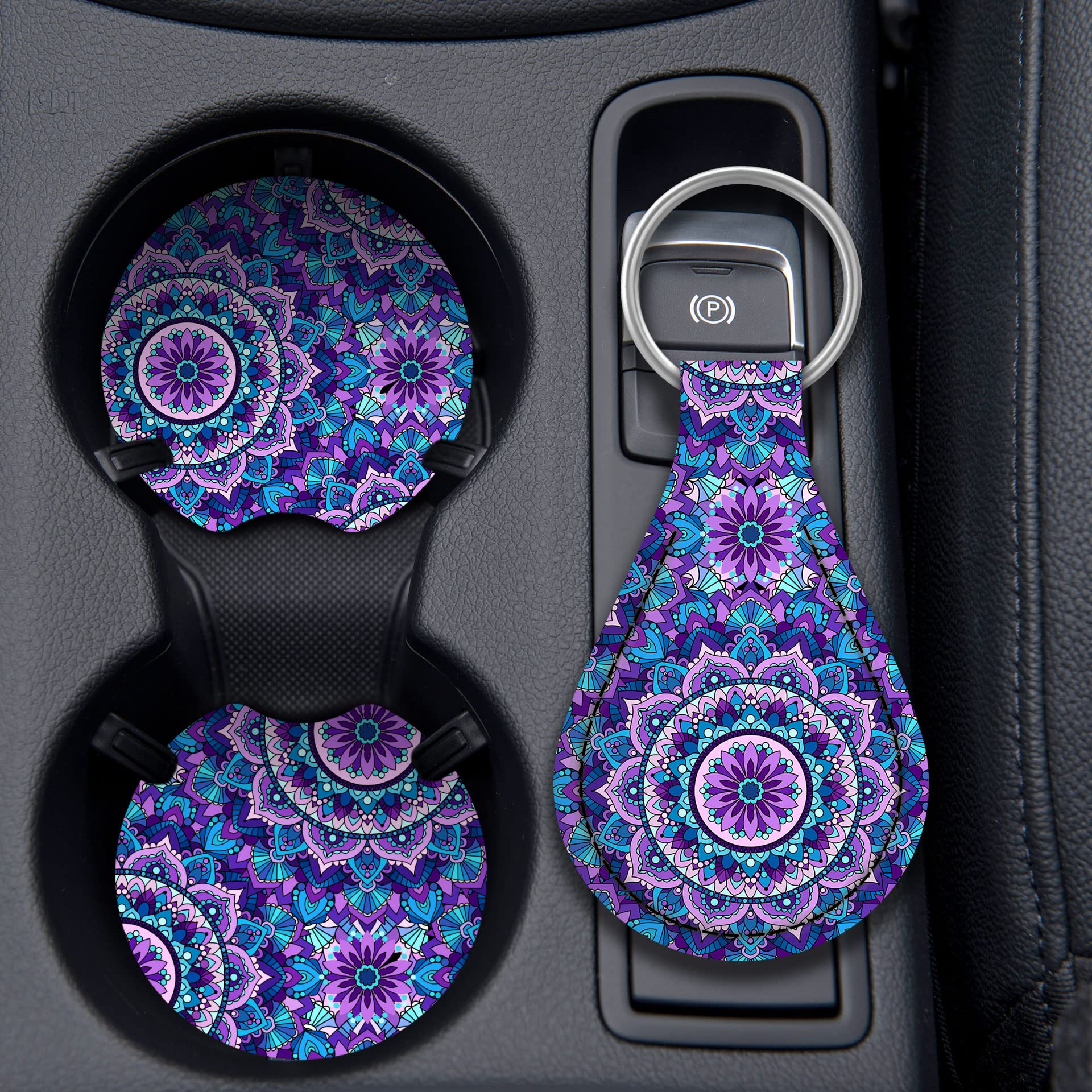 4-Piece Purple Lotus Mandala Steering Wheel Cover Set with 2 Non-Slip Cup Coasters & Keychain - Universal Fit 14-15.5 Inch - Stylish Car Accessories for Women, Boho Decor & Safe Driving