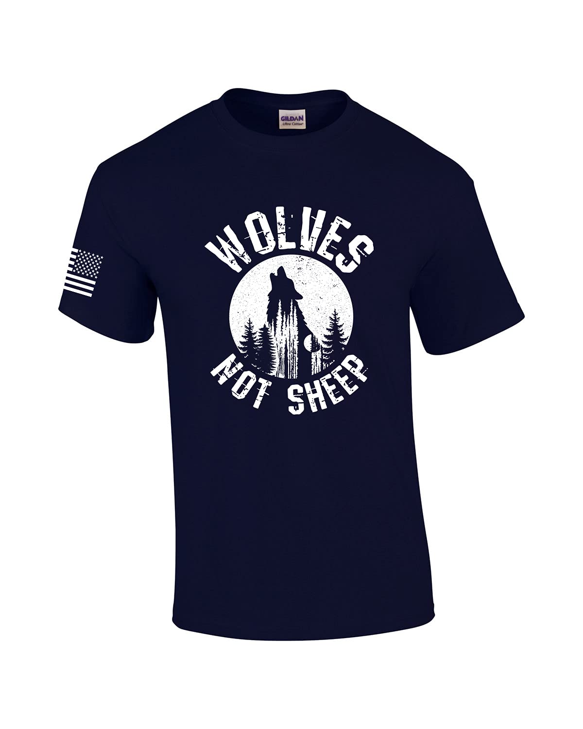 Men's Patriotic American Flag Wolf Howling at Moon Graphic T-Shirt - Wolves Not Sheep Design - Perfect for 4th of July, Veterans Day & Outdoor Adventures
