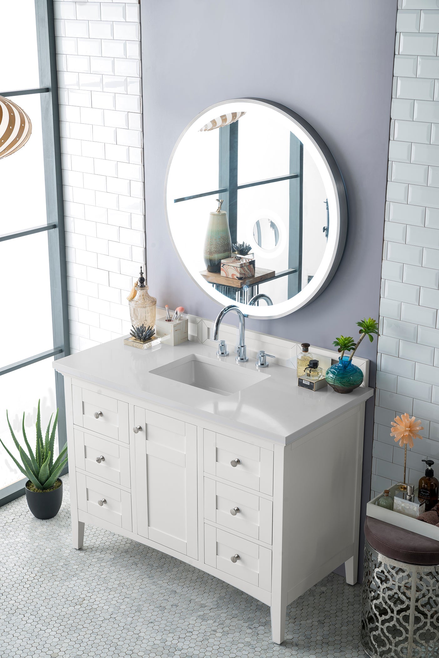 Palisades 48 Inch Single Bathroom Vanity Set in Bright White with 3CM Classic White Quartz Countertop - Perfect for Modern Master Bathrooms and Powder Rooms