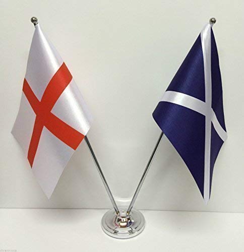 England & Scotland Saltire Flags Set - Chrome & Satin Table Desk Flags for Office Decor, International Events, and Home Display