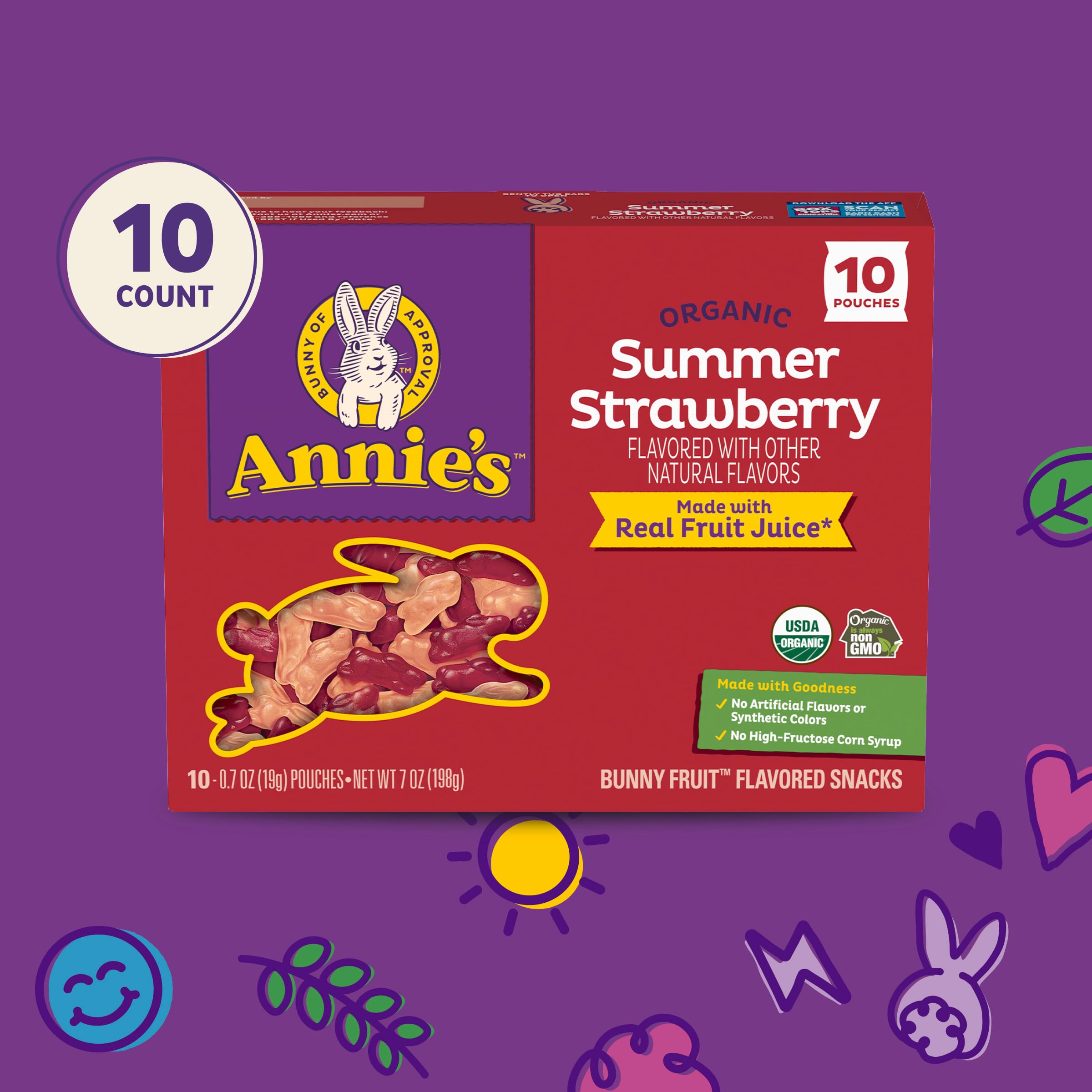 Organic Bunny Fruit Snacks - Gluten Free Strawberry Flavored Treats (10 Pouches, 7 oz) | Easter Basket Fillers, Kids Lunch Box Snacks & Healthy On-the-Go Snacking