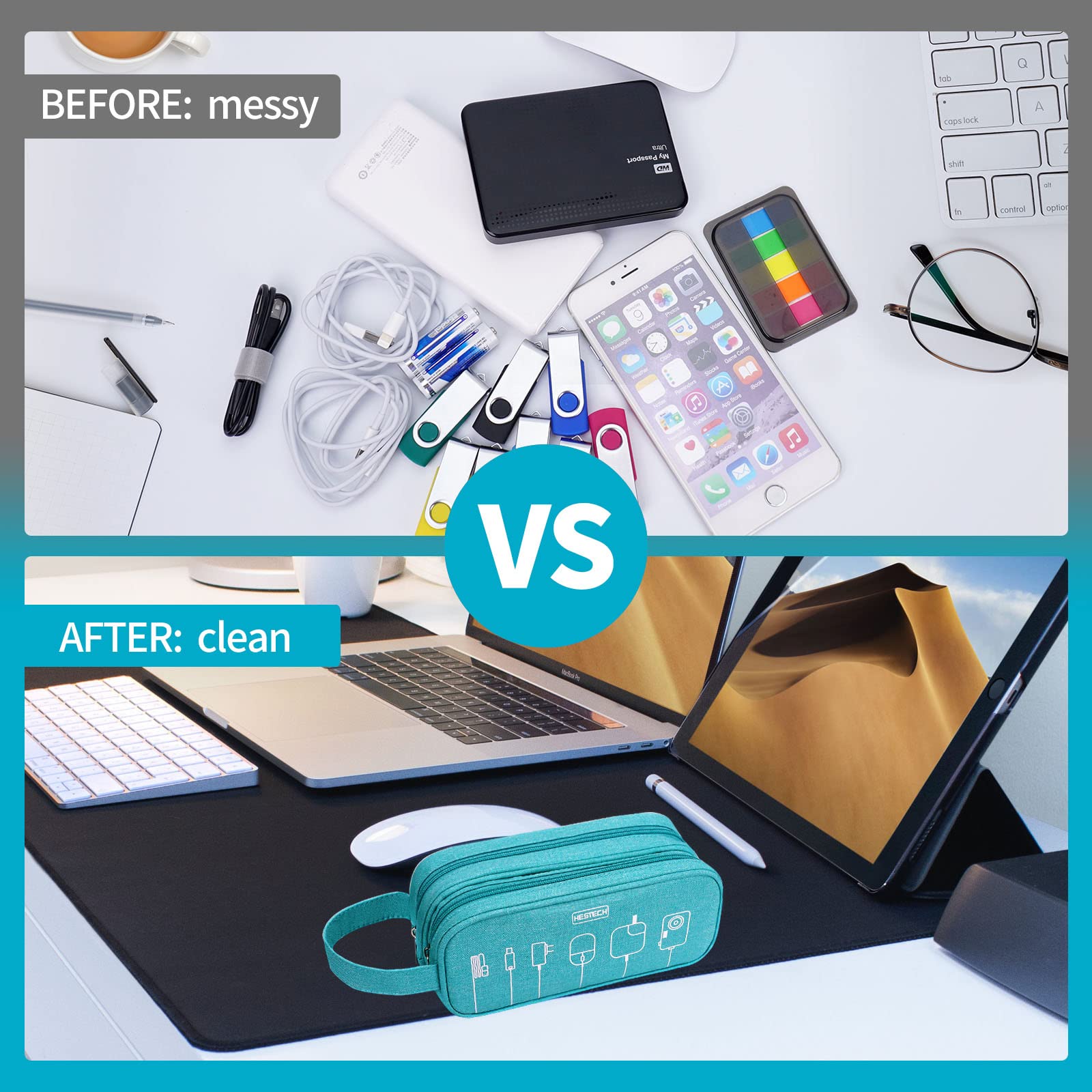 HESTECH Waterproof Electronics Organizer Bag - Double Layer Travel Charger Case for Cables, Mouse, Earbuds & USB Drives (Teal, Medium) | Portable Cord Storage Solution for Office, Travel & Home Use