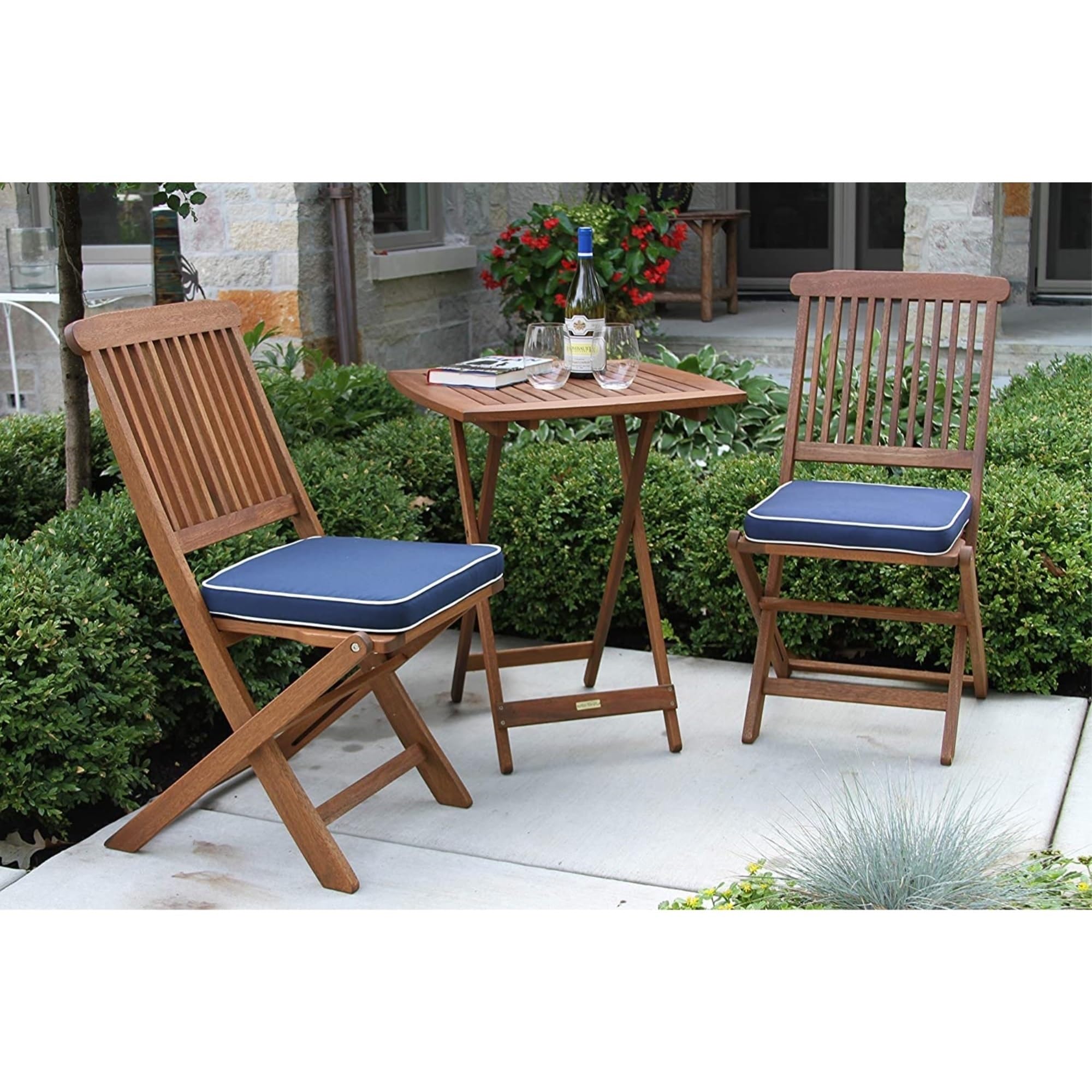 Premium Eucalyptus Wood 3-Piece Foldable Bistro Set - Square Patio Table & 2 Chairs with Blue Cushions - Outdoor Dining Furniture for Garden, Balcony & Backyard