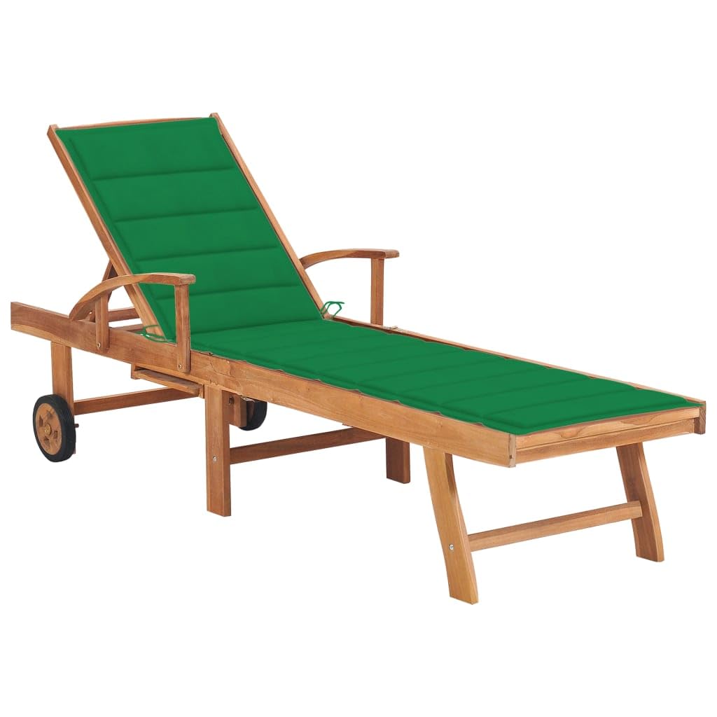 Premium Acacia Wood Sun Lounger with Green Cushion - Outdoor Chaise Lounge, Wooden Sunbed & Daybed for Poolside, Patio, Garden Relaxation