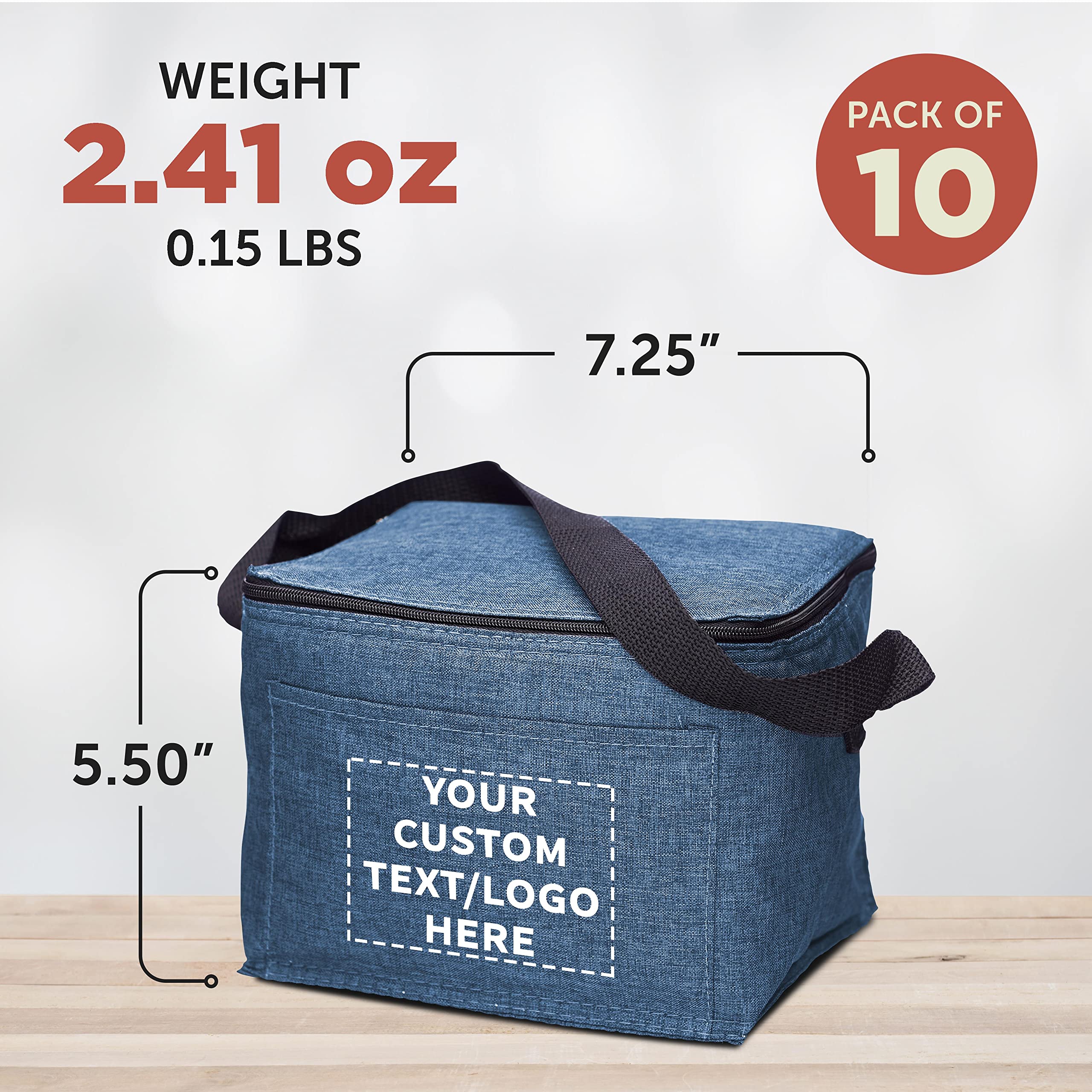 Custom Insulated Cooler Lunch Bag Set of 10 - Personalized Bulk Pack for Work, Travel & Outdoor Events - Reusable Blue Lunch Boxes for Office, Picnic, Camping & Beach Trips