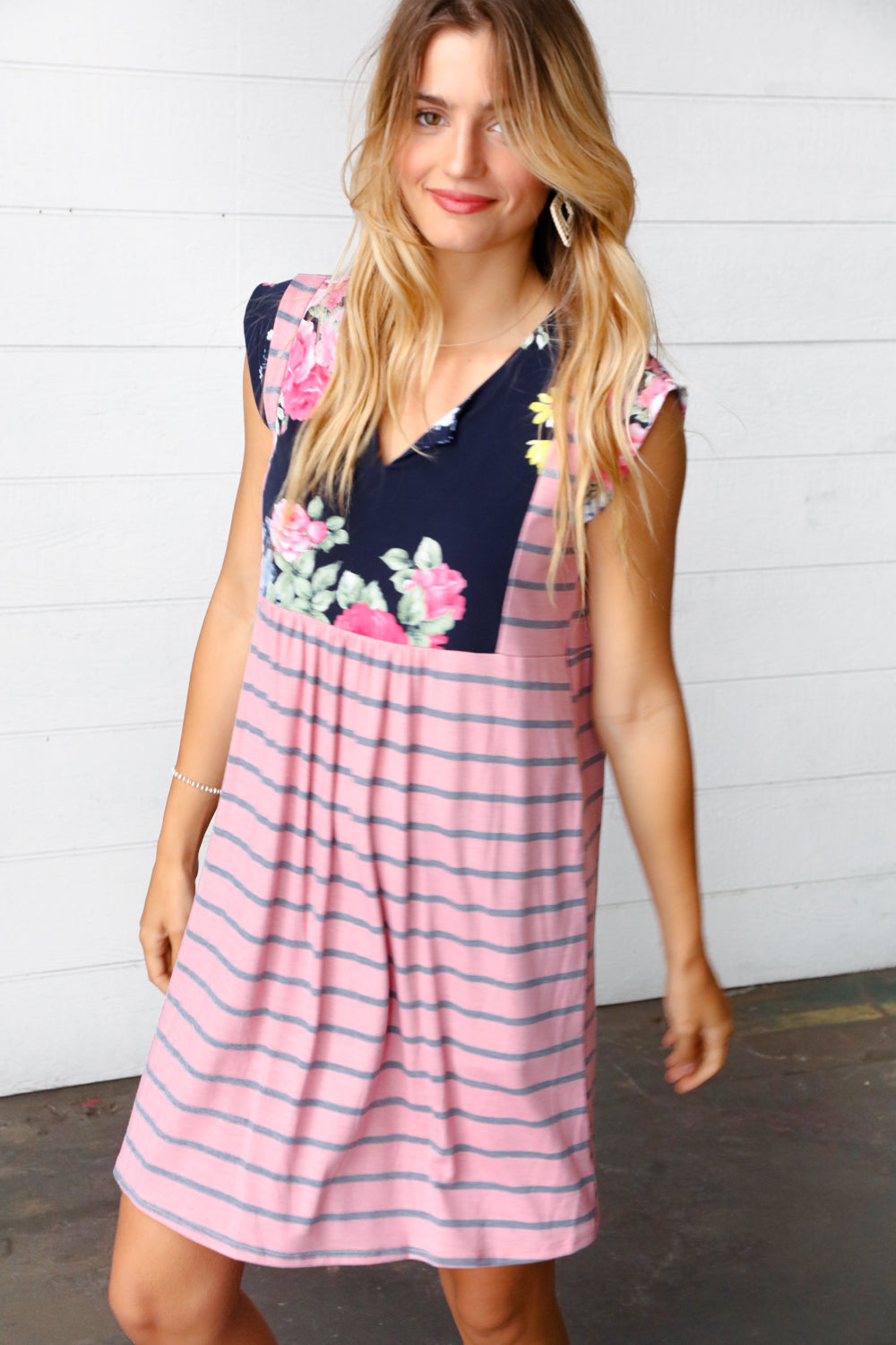 Pink Floral & Striped Yoke Babydoll Dress - Women's Vintage-Inspired Lace Trim Nightgown for Date Night & Boudoir Photography