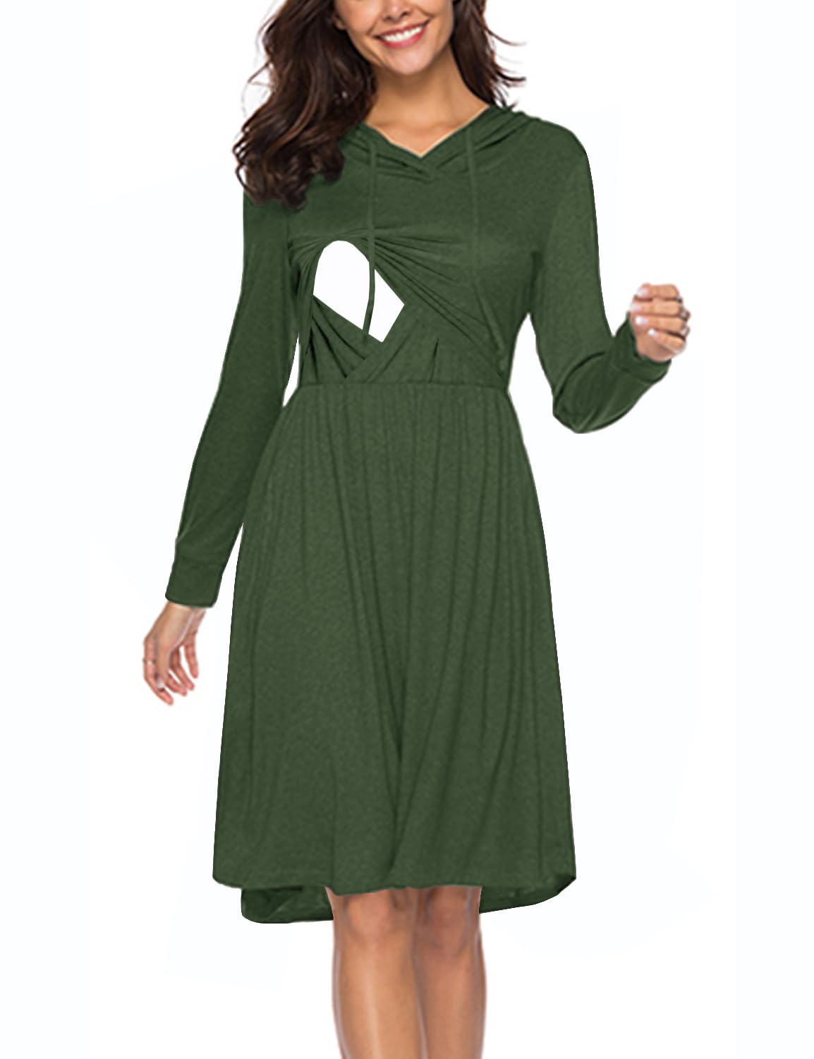 Women's Long Sleeve Pleated Swing Midi Nursing Dress with Hood - Comfortable Maternity & Breastfeeding Dress for Casual Wear, Nursing, and Outdoor Activities