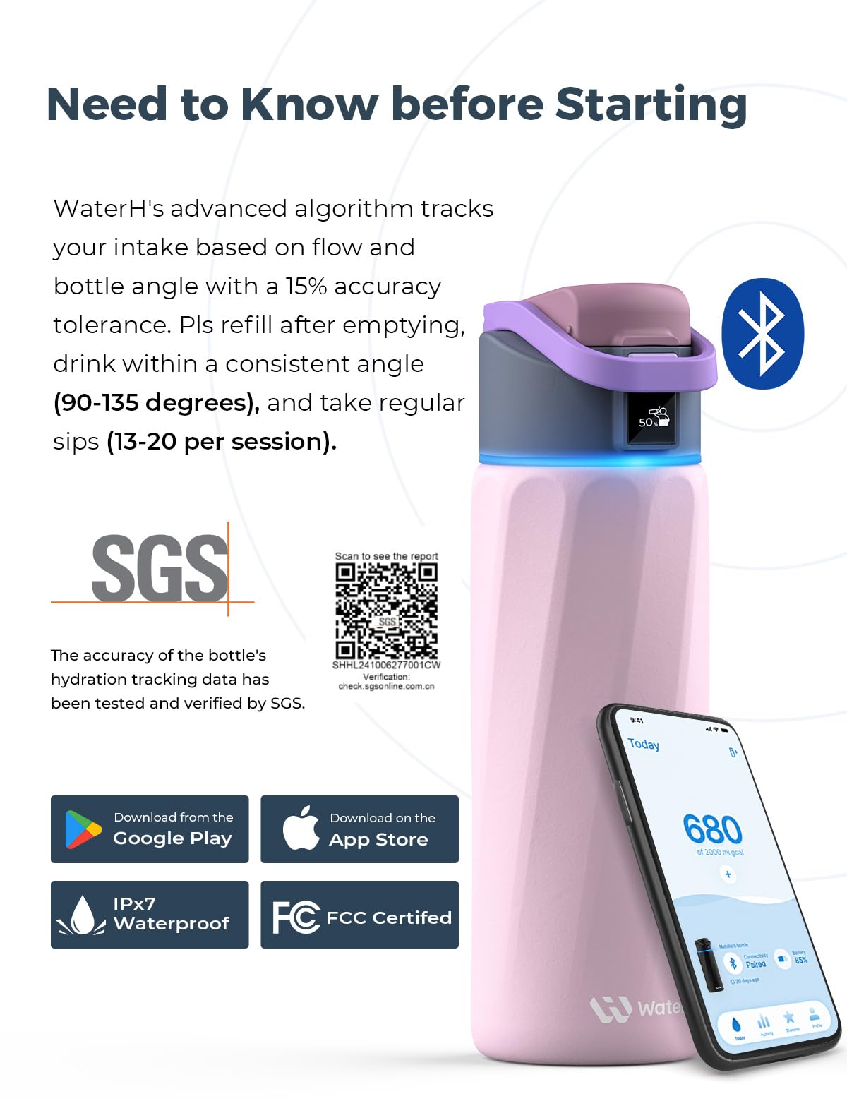 Smart Water Bottle with Drink Reminder - 24oz BPA-Free Vacuum Insulated, Perfect for Gym & Office
