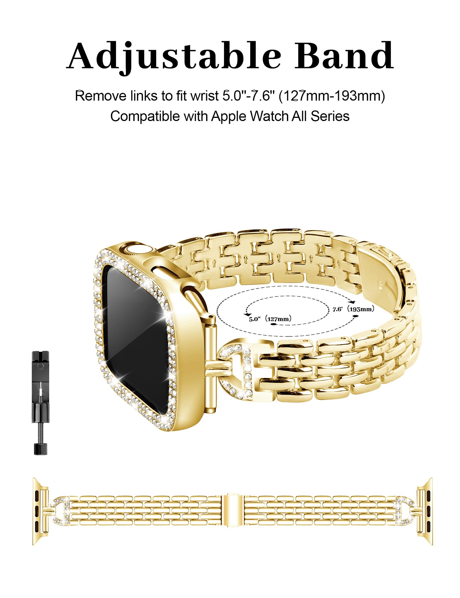 JR.DM Slim Bling Bracelet Case for Apple Watch - D-Shaped Stainless Steel Replacement Band Compatible with iWatch Series 10/9/8/7/6/5/4/3/2/1/SE/Ultra - Elegant Women's Accessory for Work, Party & Daily Wear