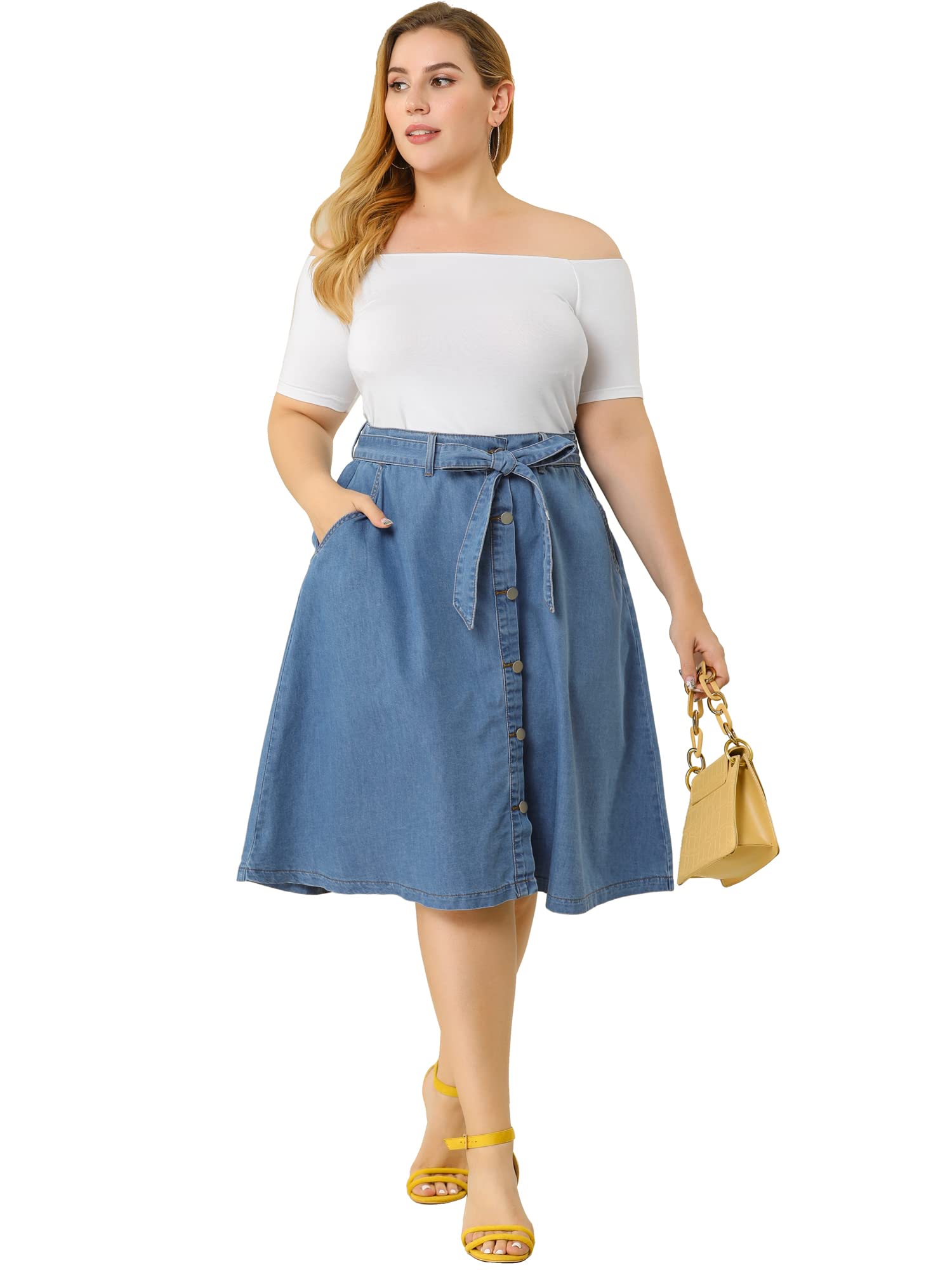 Agnes Orinda Women's Plus Size Denim Skirt - Stretch A-Line Midi Skirt with Tie Waist & Pockets | Casual Summer Outfit for Work, Date Night & Weekend Wear