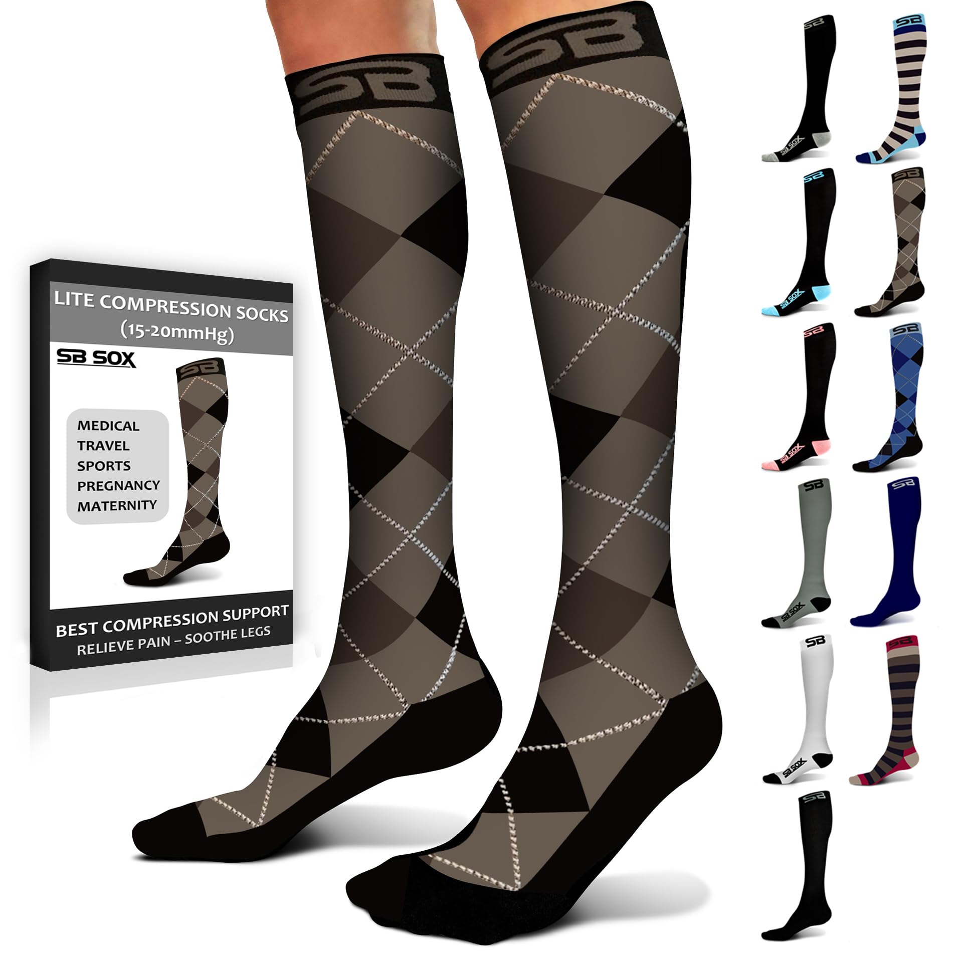 SB SOX Lite Compression Socks for Men & Women (15-20mmHg) - Best Graduated Compression Socks for Travel, Running, Nursing & Varicose Veins Relief - Breathable & Comfortable for All-Day Wear - Perfect for Athletes, Travelers & Healthcare Workers - Available in S-XXL Sizes