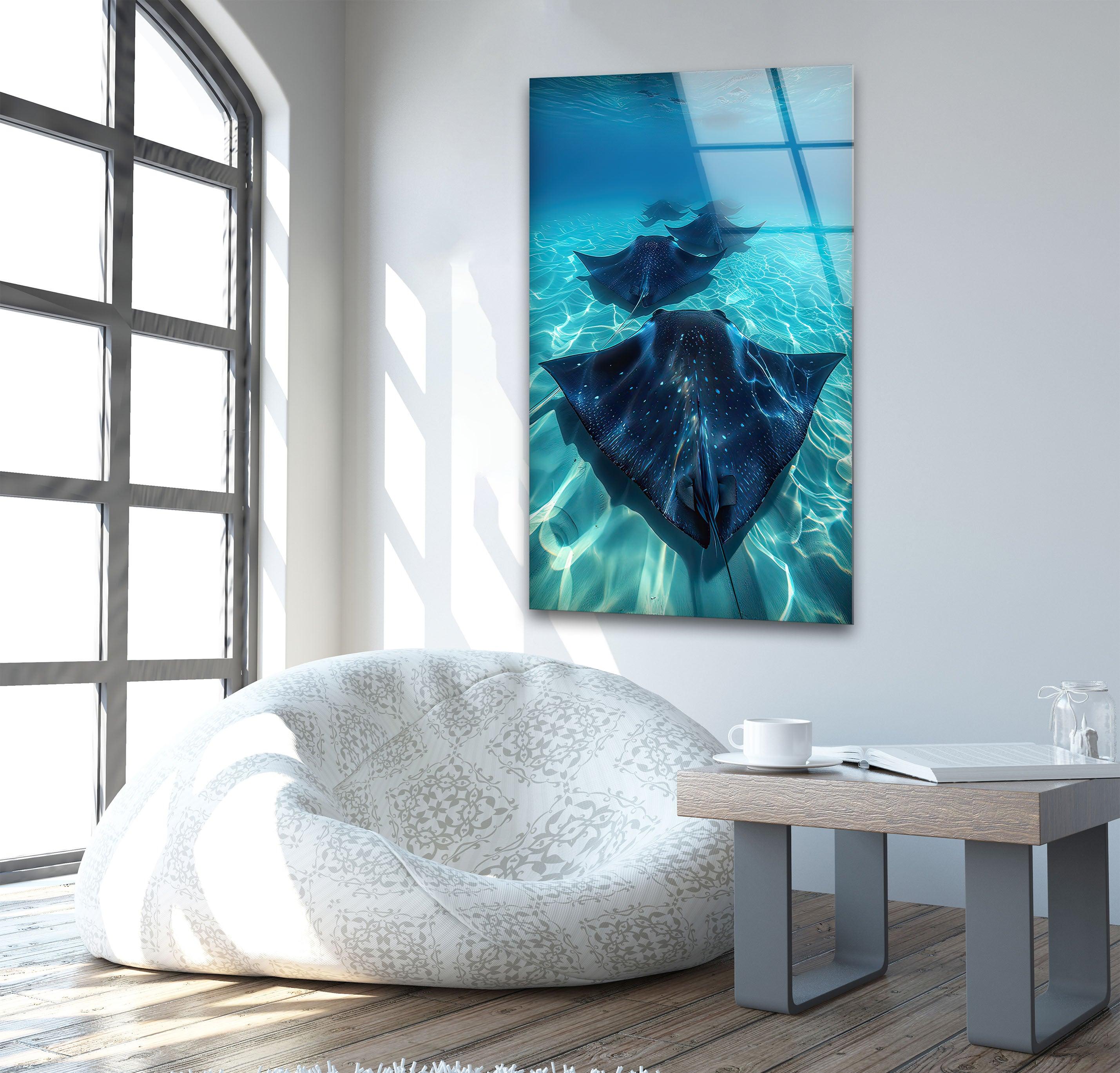 Blue Manta Ray Glass Wall Art - Handcrafted Ocean Themed Decor for Living Room, Bedroom & Office - Perfect Coastal Home Decor Gift