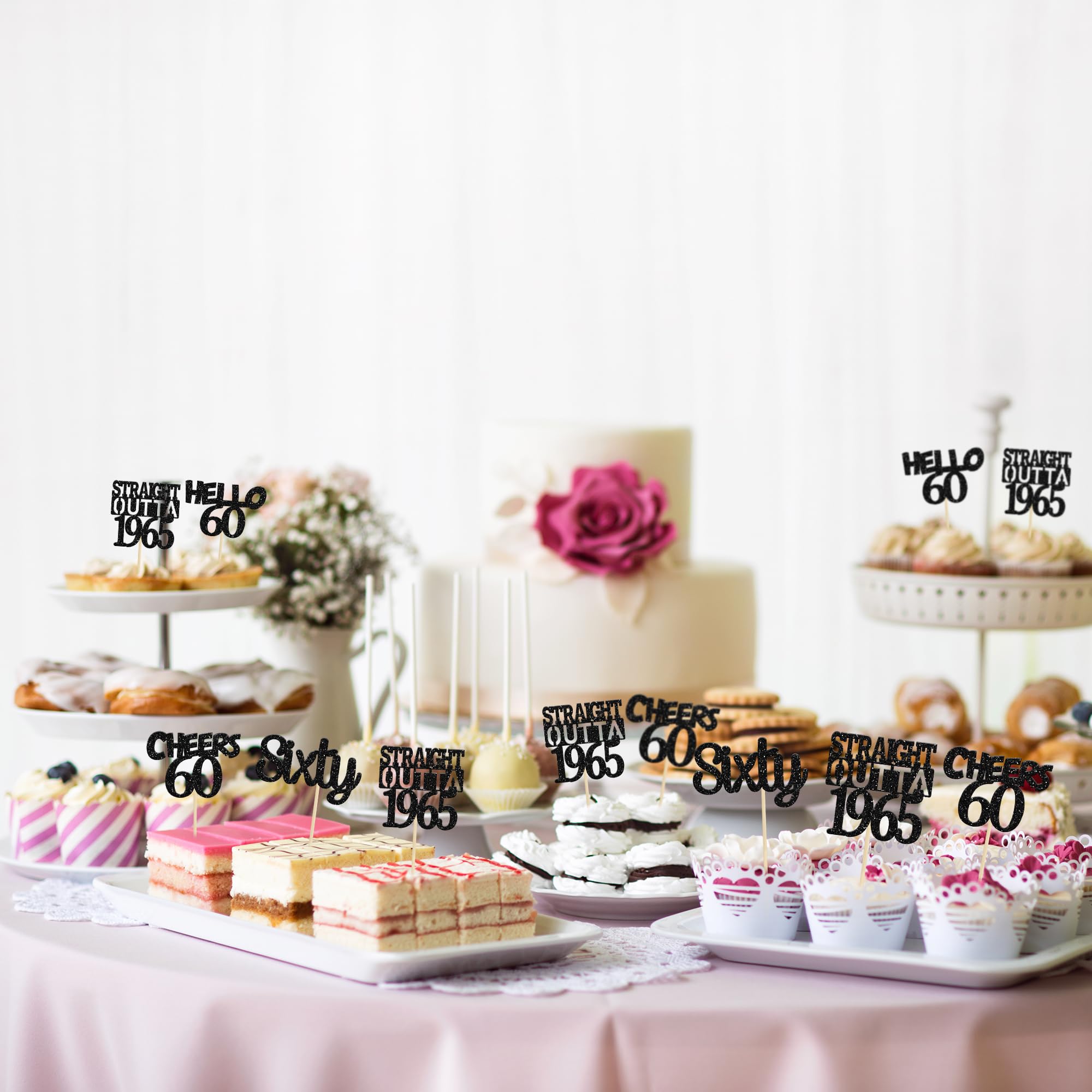 24 Pack Black 60th Birthday Cupcake Toppers - Glitter Sixty Straight Outta 1965 Decorations for Hello 60 Cupcakes | Cheers to 60 Years Anniversary Cake Supplies | Perfect for Milestone Birthdays, Retirement Parties & Golden Jubilee Celebrations