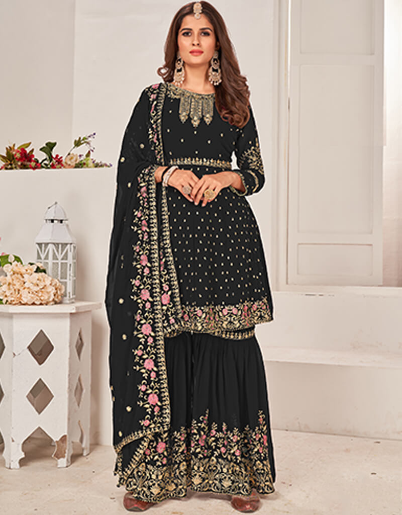 Elegant Black Sharara Style Salwar Suit - Faux Georgette Fabric for Women | Perfect for Weddings, Parties & Festive Occasions