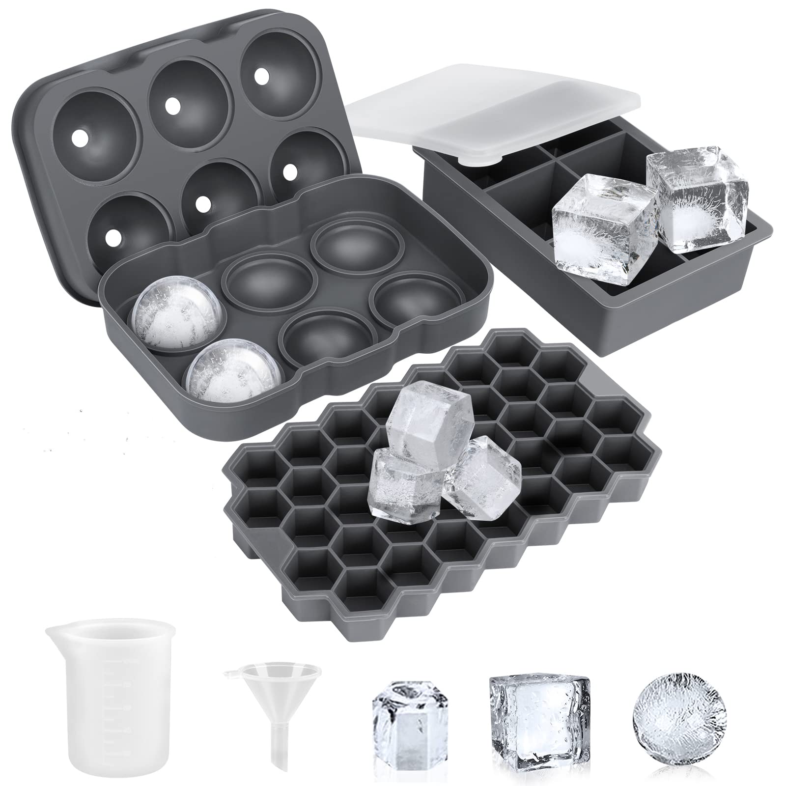 3 Pack Silicone Ice Cube Trays with Lids - Large Round, Sphere & Honeycomb Whiskey Ice Molds - Reusable Freezer Ice Ball Maker for Cocktails, Bourbon & Scotch - Perfect for Home Bars & Entertaining