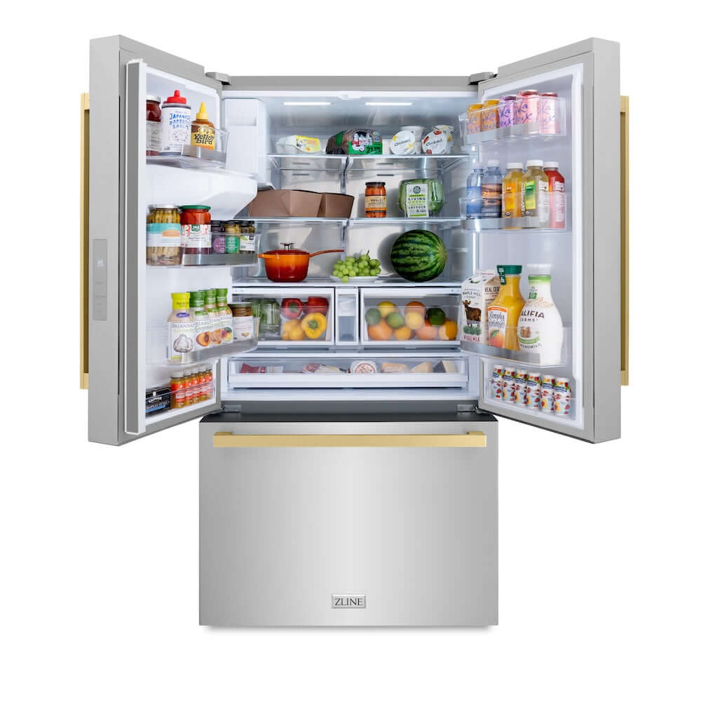 ZLINE Autograph Edition 36 Inch Standard Depth French Door Refrigerator - 28.9 cu. ft. Capacity, External Water Dispenser, Dual Ice Maker, Fingerprint Resistant Stainless Steel with Champagne Bronze Handles (RSMZ W 36 FCB) - Perfect for Modern Kitchens & Open Concept Homes