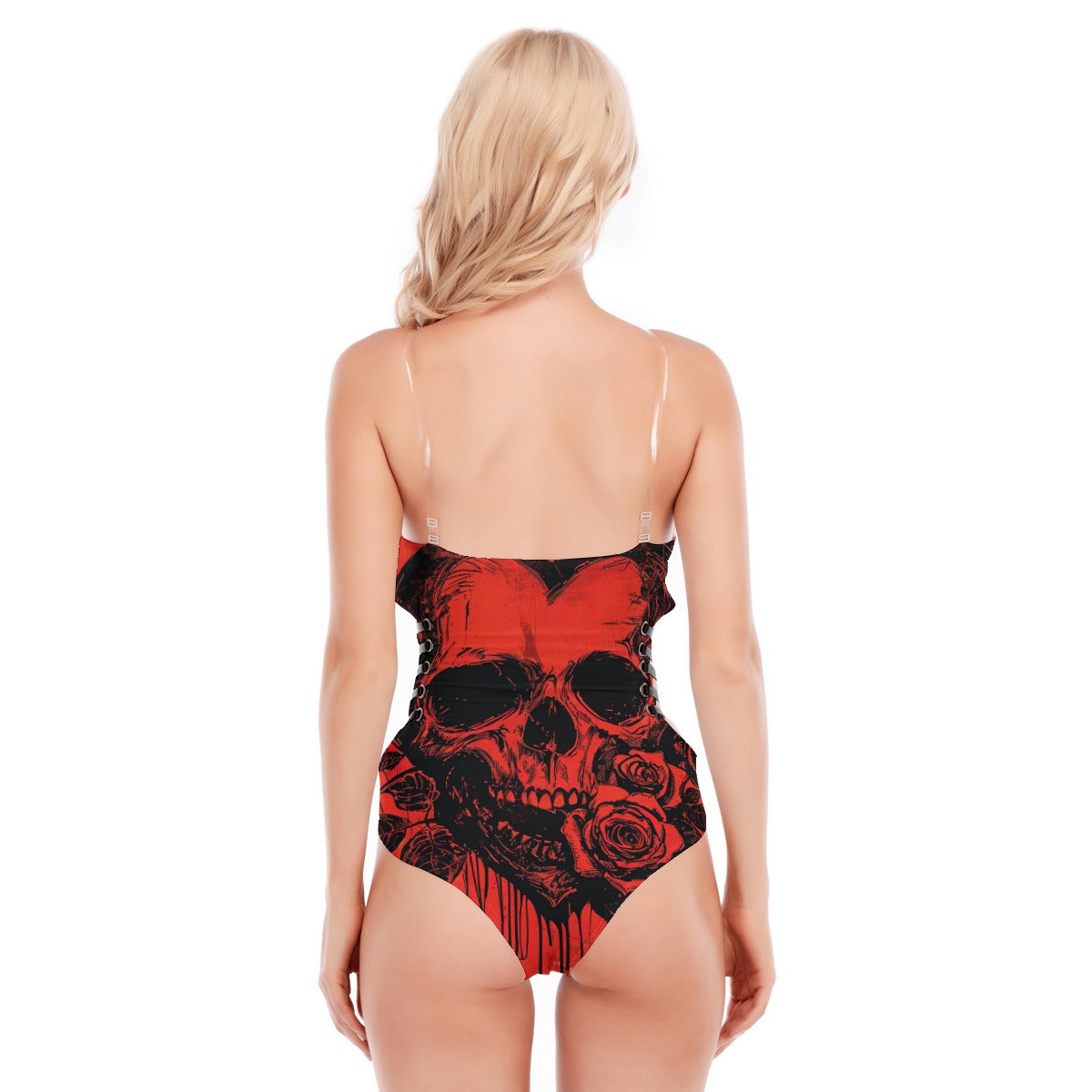 Stylish Red and Black Skull Print Tube Top Bodysuit with Adjustable Side Straps - Perfect for Halloween, Cosplay, and Edgy Streetwear Outfits