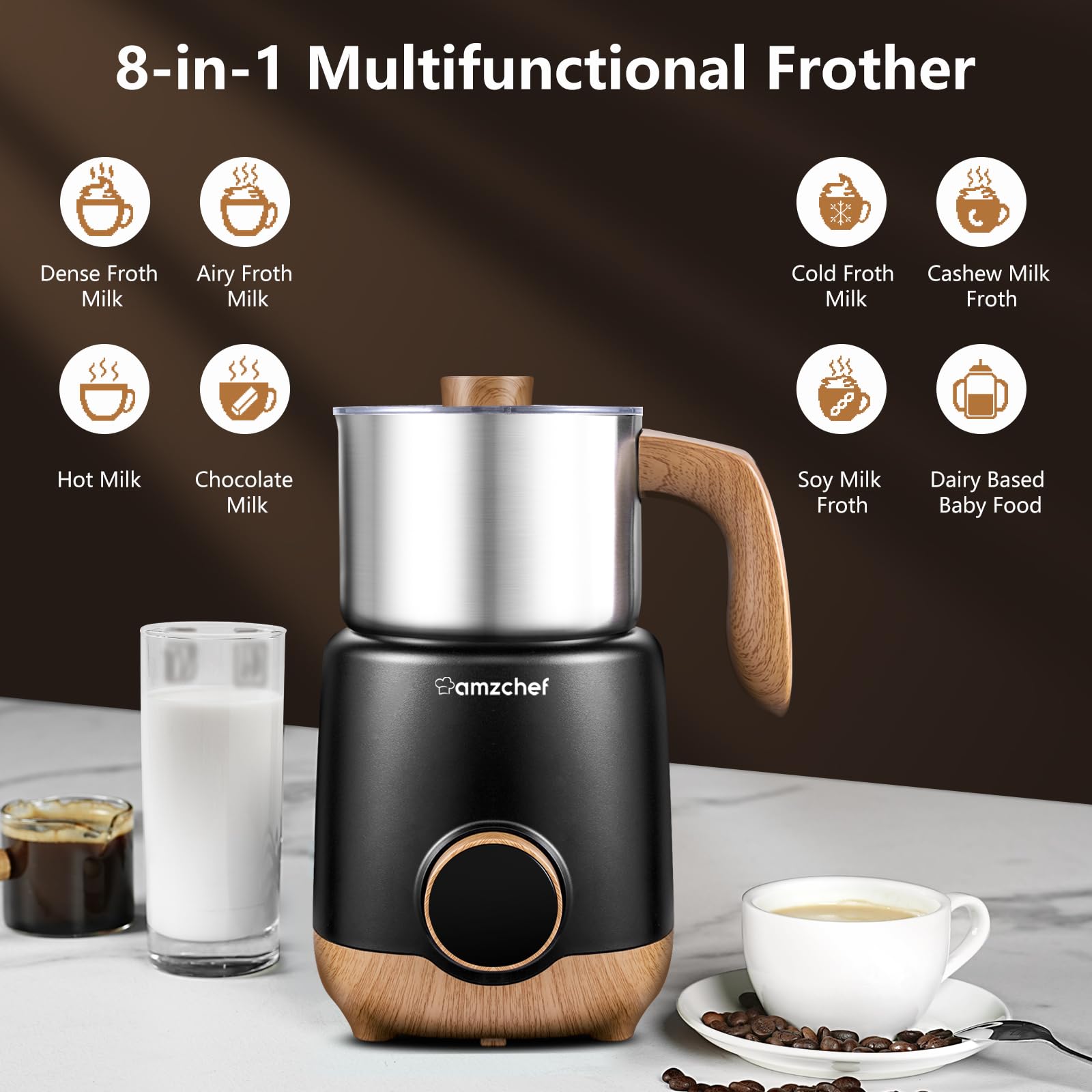 AMZCHEF 8-in-1 Electric Milk Frother and Steamer - 550W Stainless Steel Milk Warmer for Latte, Cappuccino & Hot Chocolate - 21oz Capacity with Hot/Cold Froth & Baby Food Heating - Perfect for Coffee Shops, Home Kitchens & Office Use