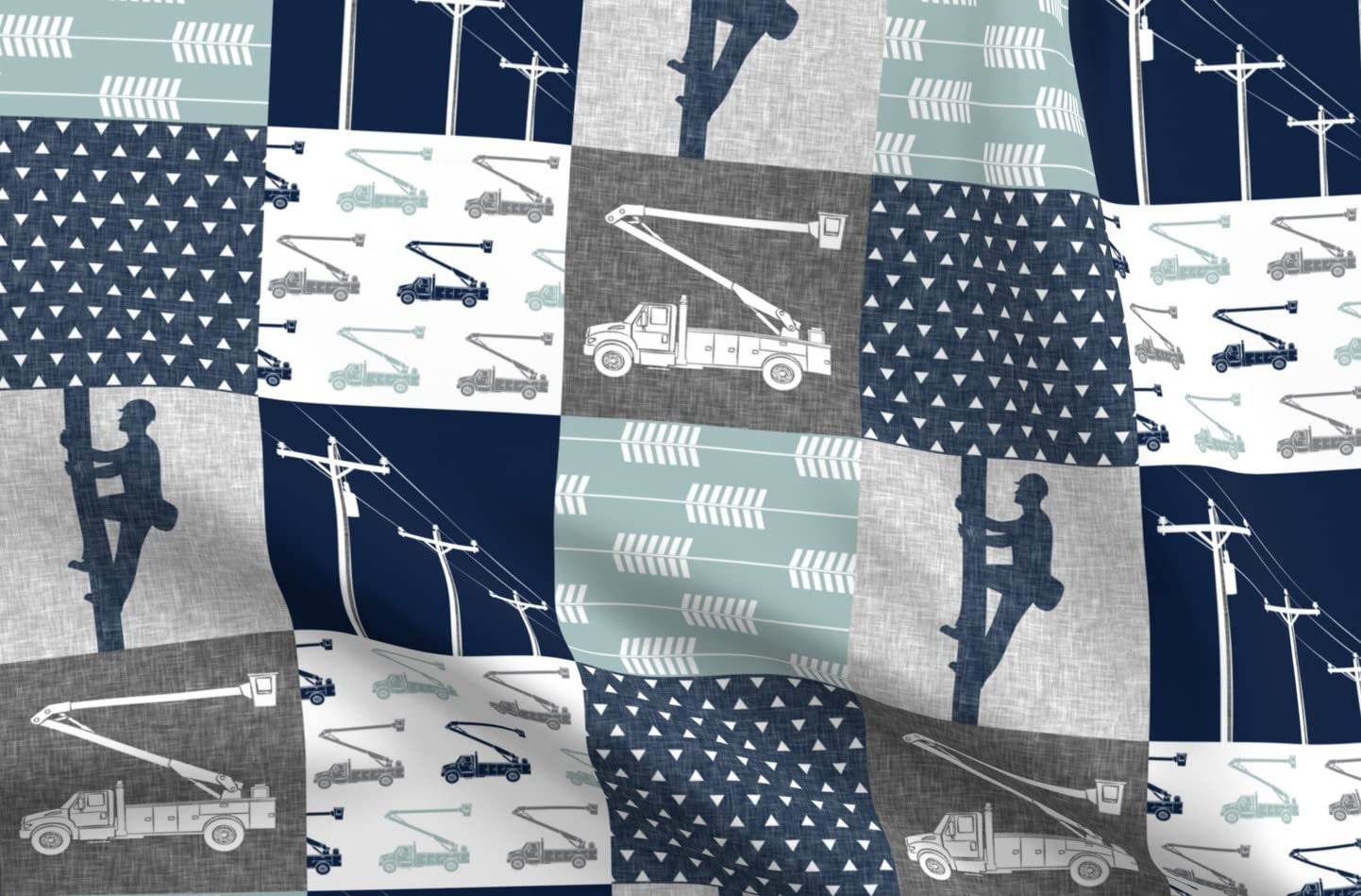 **Spoonflower Fabric - Lineman Patchwork Navy & Grey Arrows Cheater Quilt Bucket Truck Boy Printed on Minky Fabric by The Yard - Perfect for Sewing Baby Blankets, Quilt Backing, Plush Toys & DIY Home Decor**