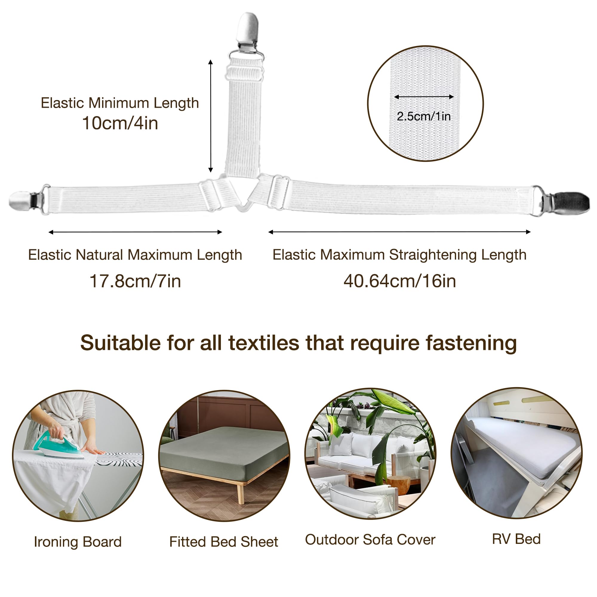 JELLYMONI Adjustable Elastic Bed Sheet Straps with Metal Clips - Secure Fitted Sheets, Mattress Covers & Sofa Cushions - Perfect for Home, Hotel, Dorm & RV Use