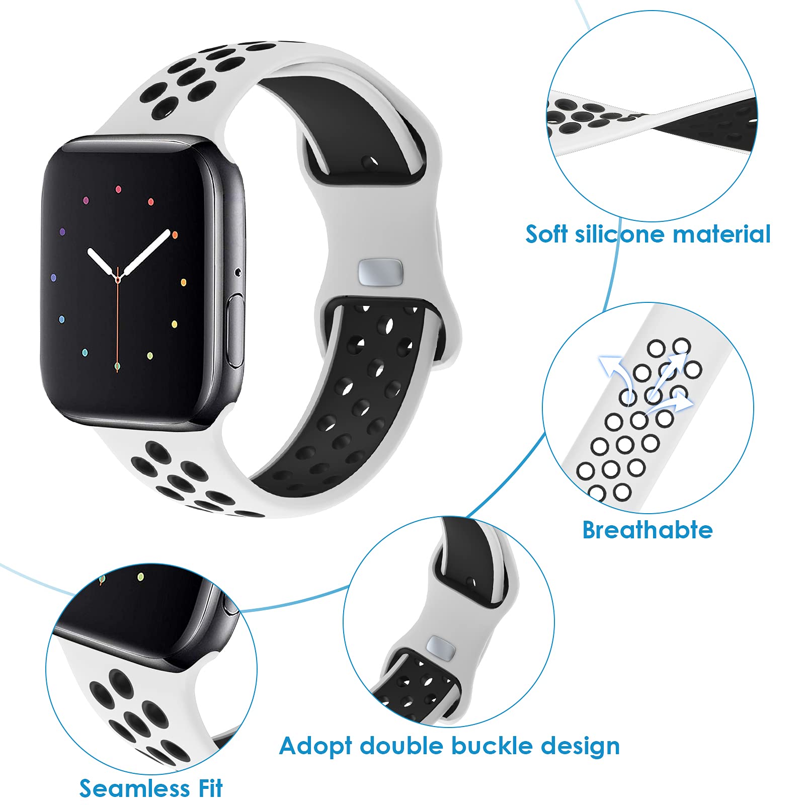 NOY 8 Pack Sport Bands for Apple Watch 42mm 44mm 45mm 46mm 49mm - Breathable Soft Silicone Replacement Straps Compatible with iWatch Series 10/9/8/7/6/5/4/3/2/1/SE/Ultra - Perfect for Running, Gym Workouts & Daily Wear