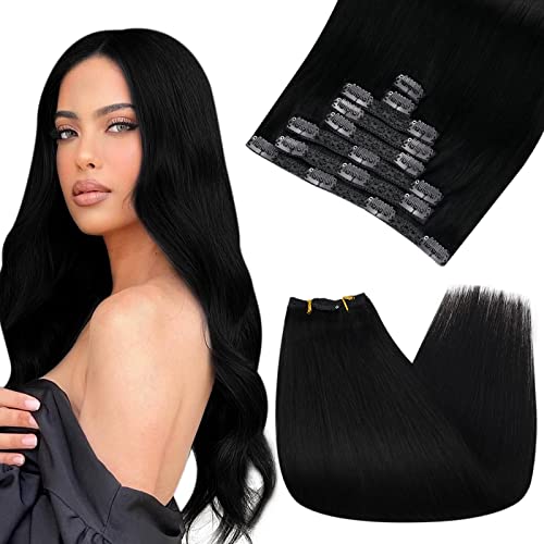 Ugeat 24 Inch Clip-in Human Hair Extensions - #1 Jet Black Seamless 7Pcs Set (120g) for Volume & Length | Perfect for Parties, Weddings & Daily Styling