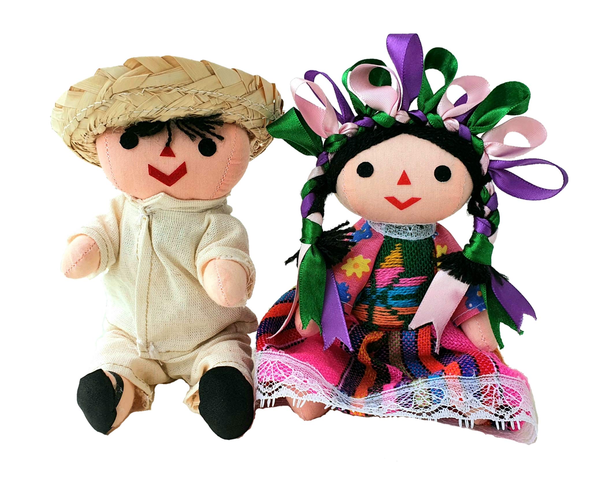 Authentic Mexican Handmade Traditional Rag Couple Dolls - 7 Inch Folk Art Decor - Pink & White - Perfect for Home Decor, Wedding Gifts & Cultural Collections