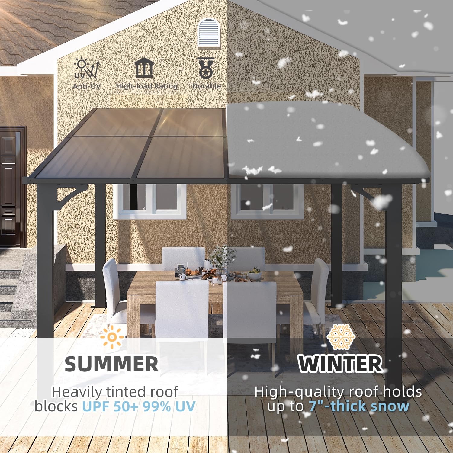 AECOJOY 8' x 8' Hardtop Gazebo with Roof - Wall Mounted Pergola for Patio, Deck & Backyard (64 Sq.Ft Shade) - Heavy Duty Outdoor Canopy for Garden, BBQ & Relaxation
