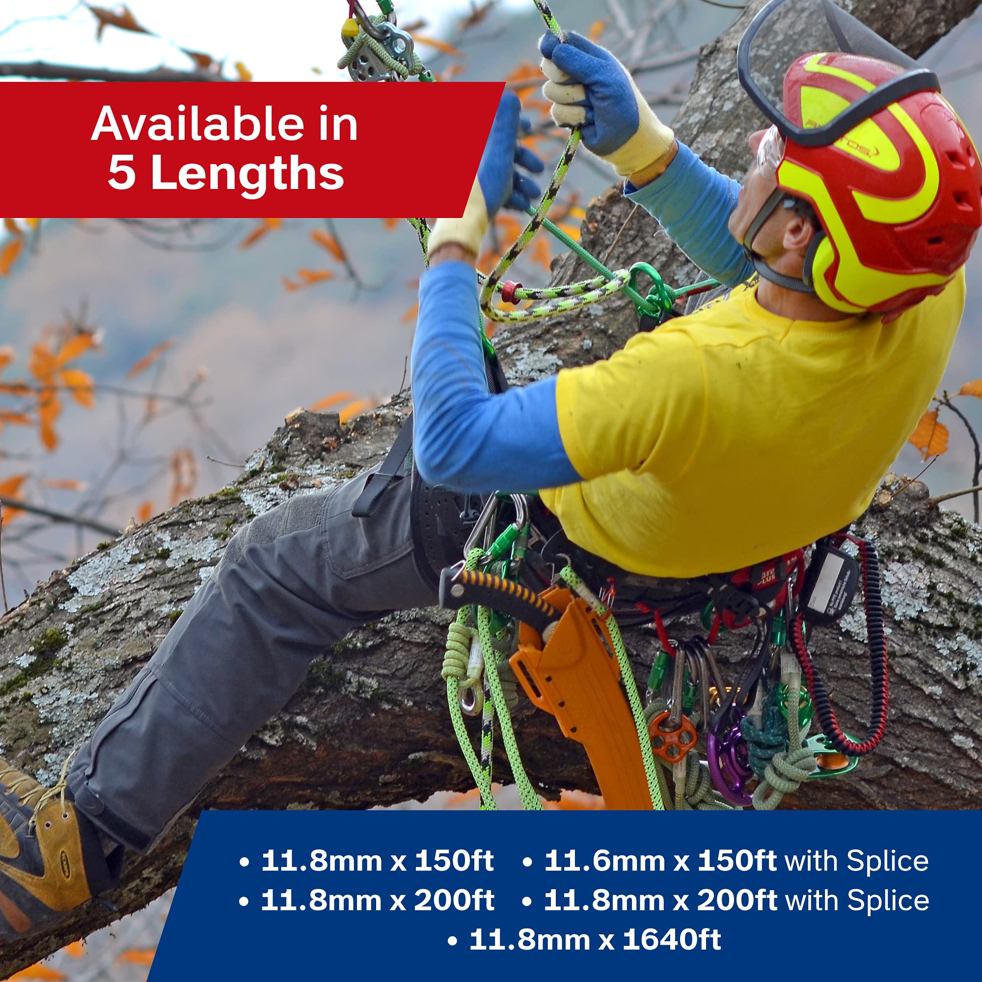 **Teufelberger drenaLINE 11.8mm x 200ft Climbing Rope – 32-Strand Polyester Arborist Rope (Blue, Orange, Yellow) – Ideal for Tree Climbing, Rigging & Professional Arborist Work**