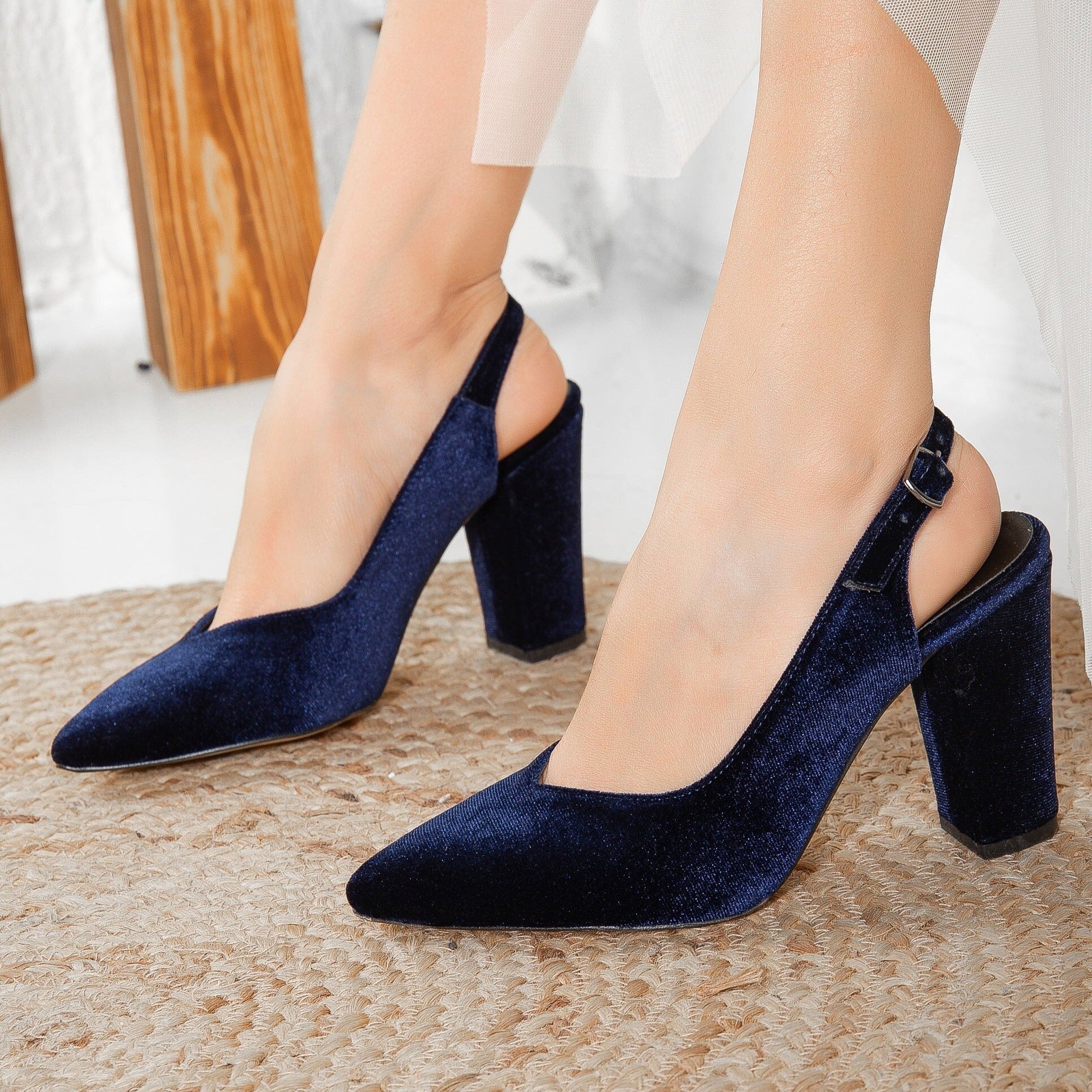 Emma Blue Velvet Slingback Heels - Women's Comfortable Dress Shoes for Party, Wedding & Evening Occasions