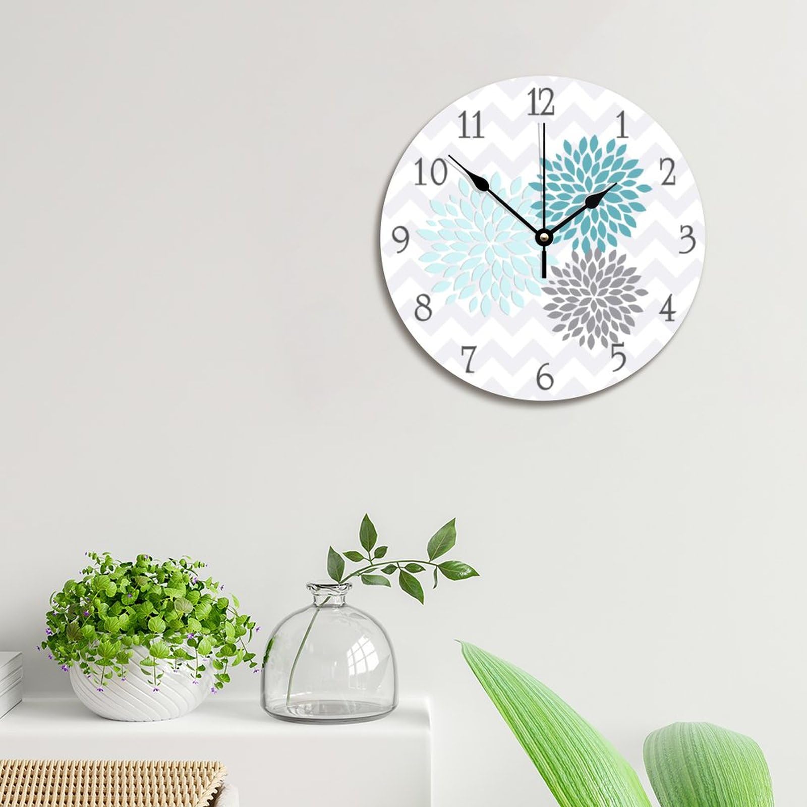 ArogGeld Silent Non-Ticking Wooden Wall Clock - Teal, Aqua & Grey Dahlia Flower Design | Battery Operated, Easy to Read | Perfect for Nursery, Kids Room, Office & Home Decor | Ideal Housewarming Gift