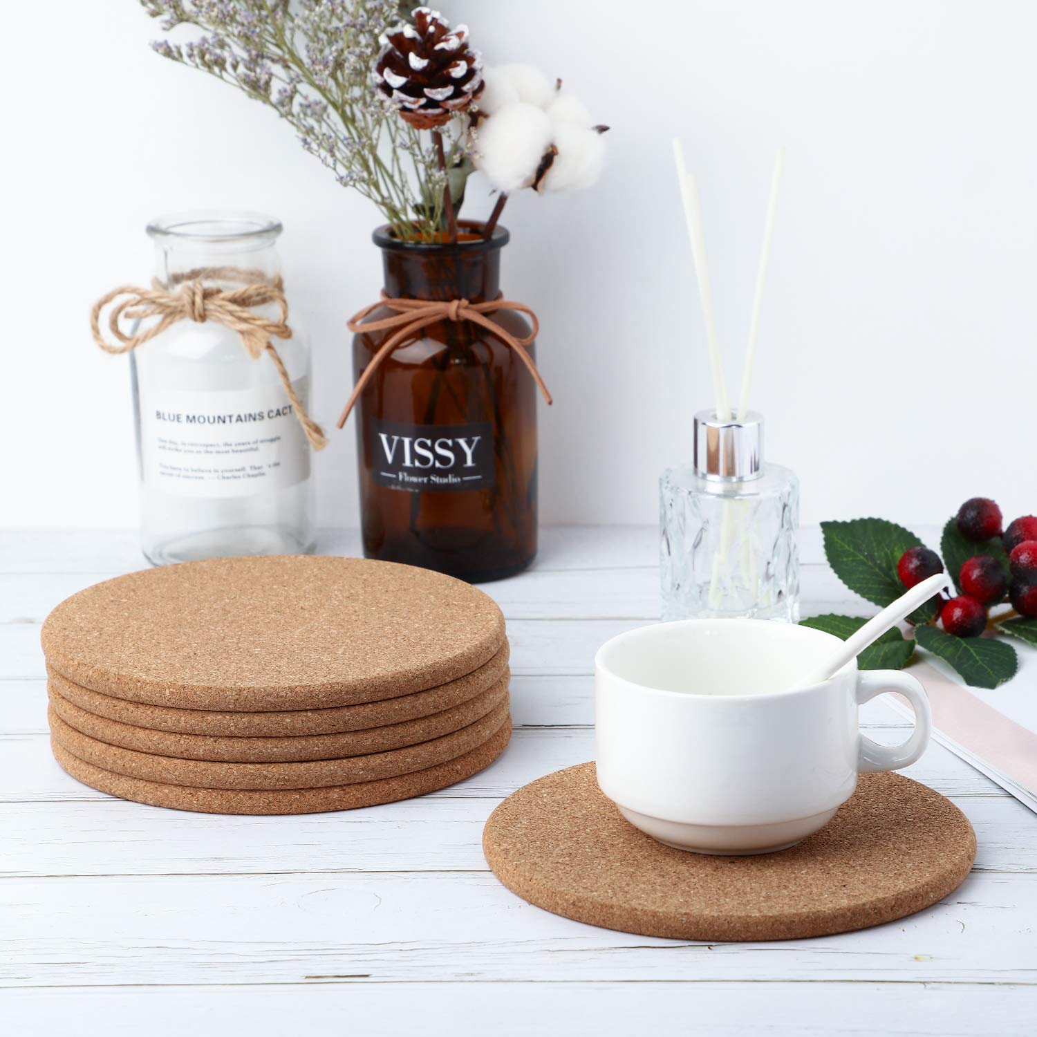 6-Pack Absorbent Cork Coasters for Drinks - 6 Inch Round Wooden Coasters for Coffee Tables, Dining Tables & Desks - Natural Cork Drink Pads for Home & Office Use