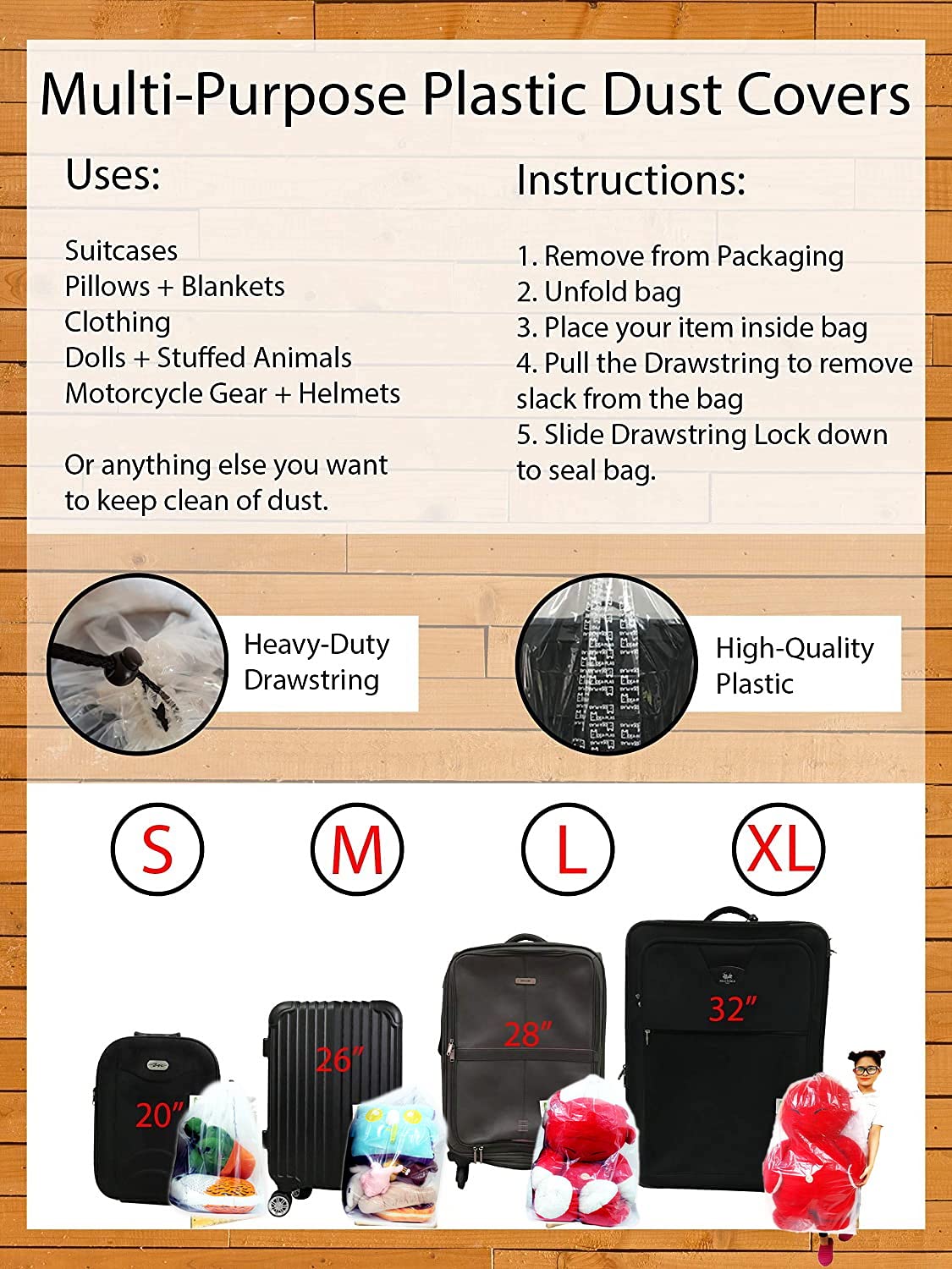 5-Pack Large Plastic Storage Bags with Drawstring - Waterproof Luggage Organizers, Space Saving Vacuum Bags for Pillows, Rugs, Blankets & Seasonal Clothes Storage (Medium Size) - Perfect for Travel, Moving & Home Organization