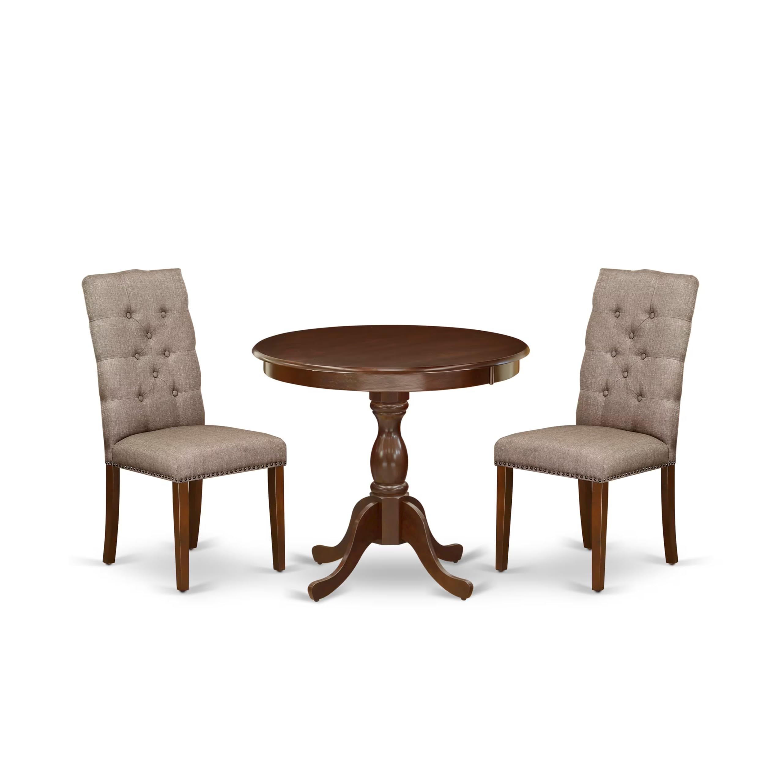 East West Furniture AMEL3-MAH-16 3-Piece Modern Round Dining Table Set with Pedestal Base & 2 Upholstered Chairs - 36x36 Inch, Mahogany Finish - Perfect for Small Kitchens, Breakfast Nooks and Cozy Dining Spaces