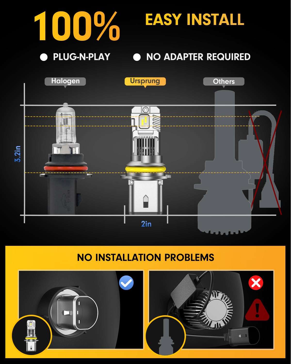 Ursprung 9007 HB5 LED Bulbs 22000LM 600% Brighter Halogen Replacement - Plug & Play Dual Beam Headlight Bulbs 6500K Cool White - Pack of 2 - Perfect for Night Driving & Foggy Conditions