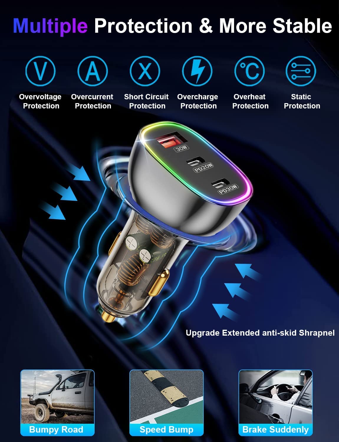 80W USB C Car Charger, 3-Port Fast Charger with PD3.0 QC4.0 PPS - Compatible with iPhone 16/15/14/13/12 Pro Max & Samsung S25/S24/S23 - High-Speed Charging for Phones, Tablets & More - Perfect for Road Trips & Daily Commutes
