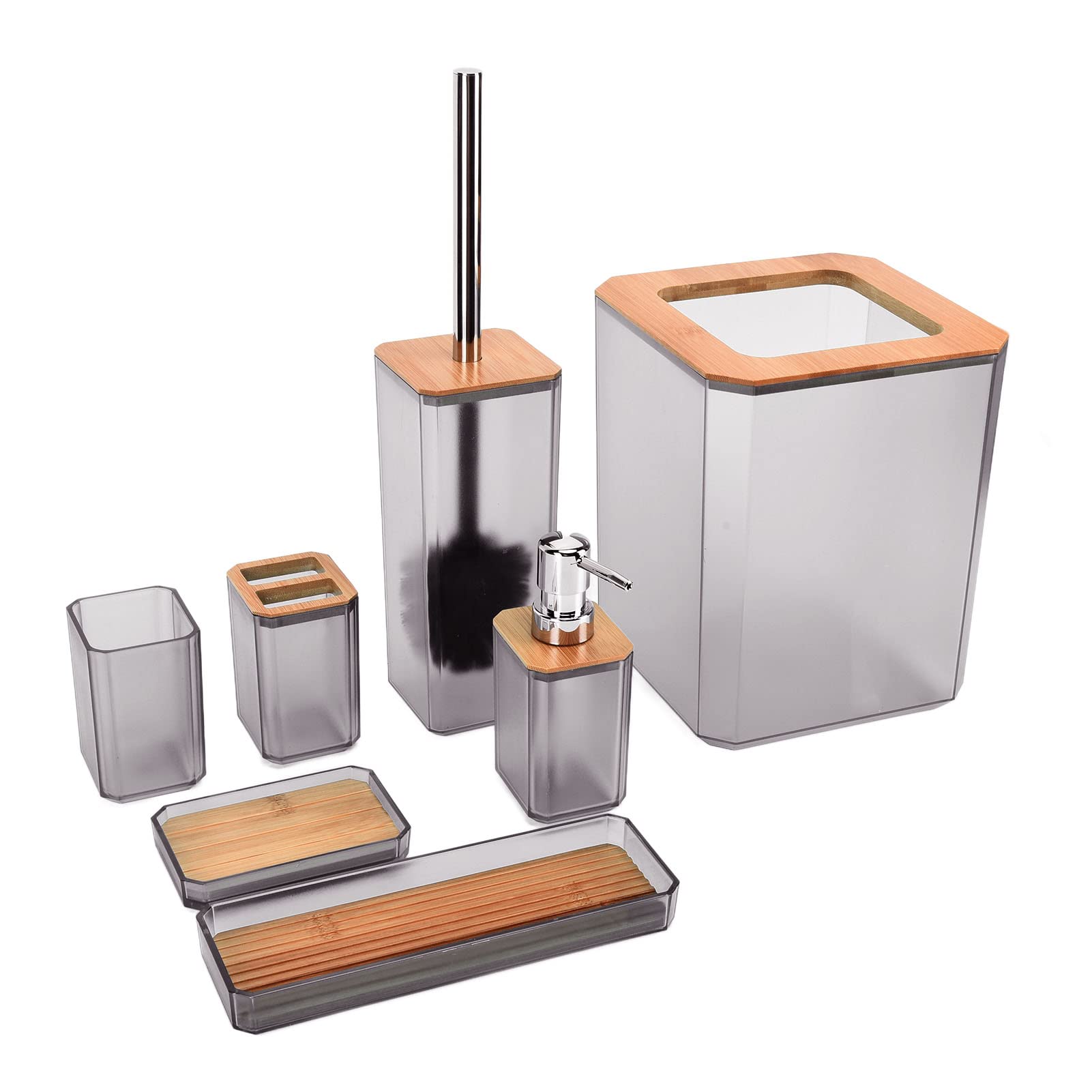 FIYO 7-Piece Bamboo Bathroom Accessories Set - Includes Soap Dish, Toothbrush Holder, Cup, Soap Dispenser, Trash Bin & Toilet Brush with Holder - Eco-Friendly Bathroom Organizer for Home & Hotel Use (Grey)