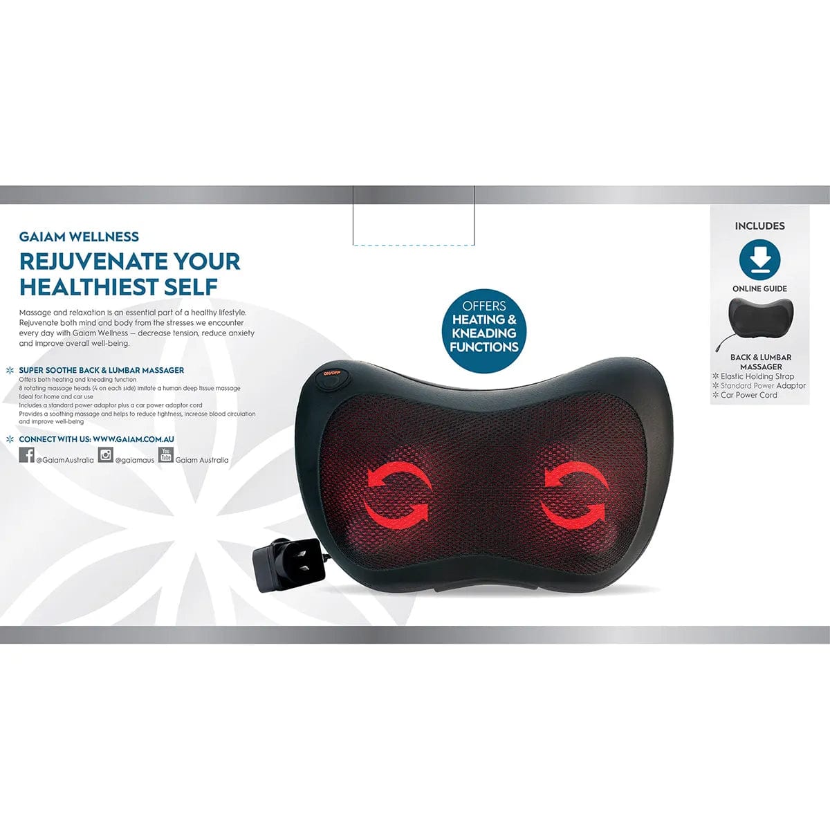 GAIAM Back & Lumbar Massager for Pain Relief - Electric Massage Cushion with Heat Therapy - Perfect for Home, Office & Car Use