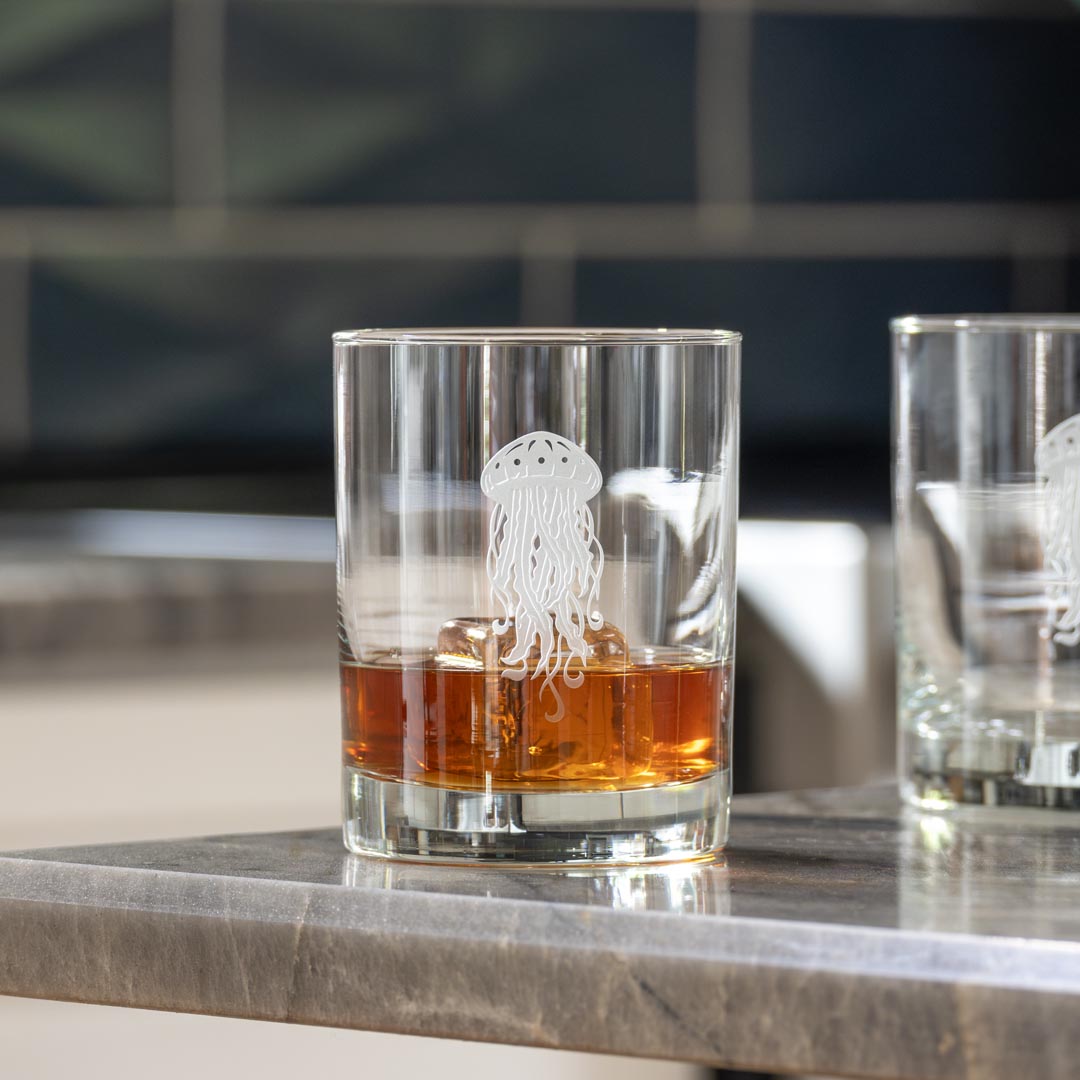Premium 13oz Double Old Fashioned Whiskey Glasses Set of 2 - Thick Base Crystal Clear Jellyfish Design for Bourbon, Scotch & Cocktails - Perfect for Home Bar, Gifts & Entertaining