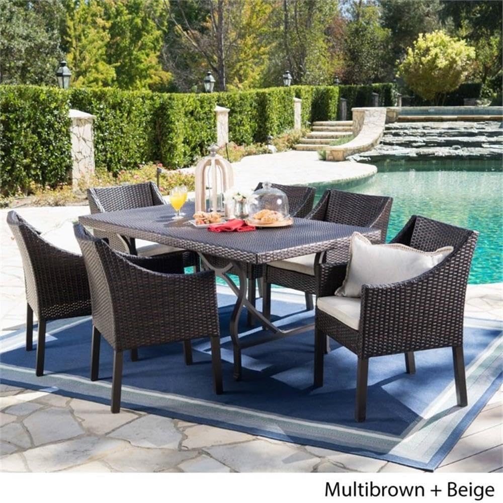 Noble House Azusa 7-Piece Brown Wicker Patio Dining Set for Outdoor Garden, Poolside, and Backyard Entertaining