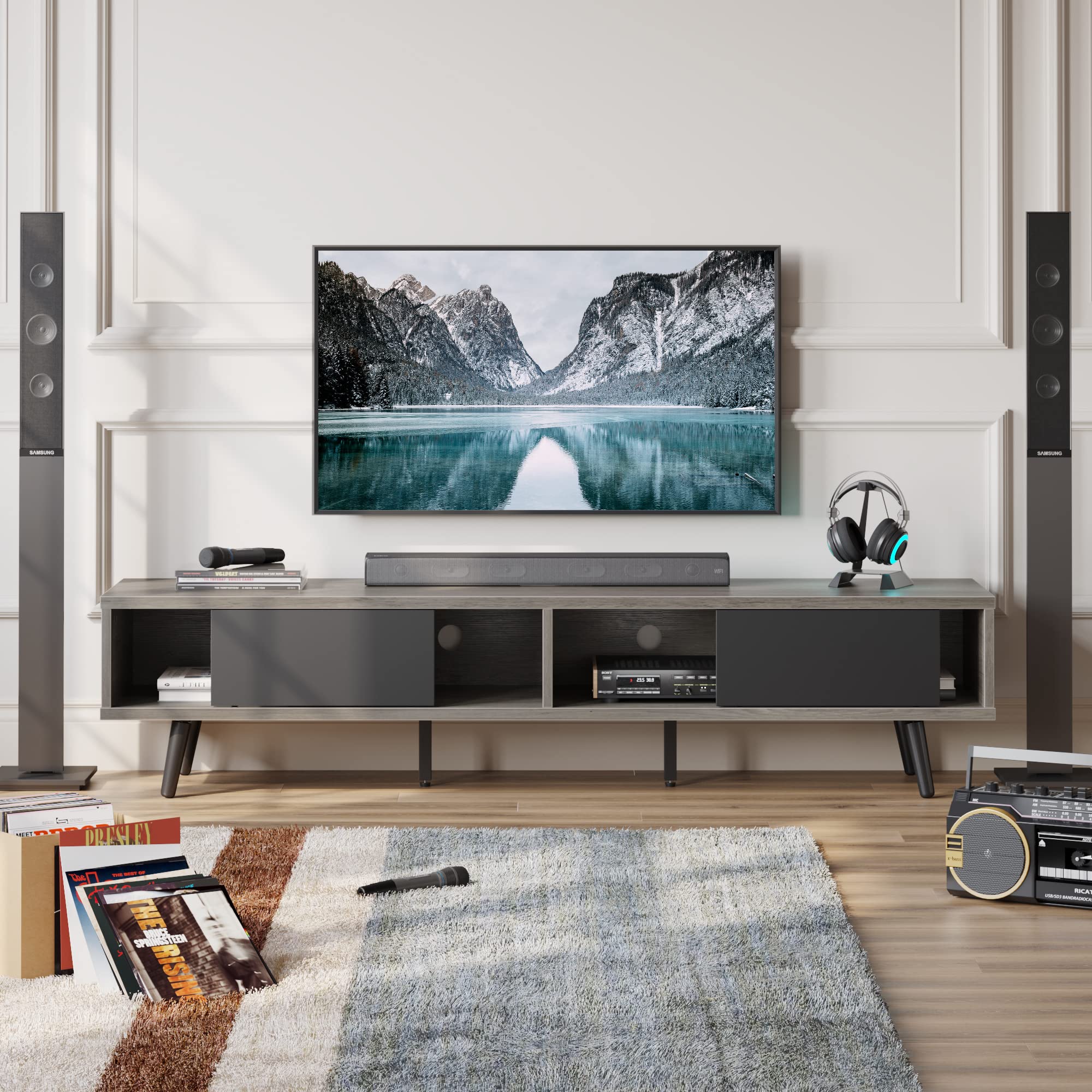 Bestier 70 Inch Modern TV Stand for 75 Inch TVs - Low Profile Entertainment Center with Storage & Cord Management - Gray Wash - Perfect for Living Room, Bedroom & Home Theater Setup