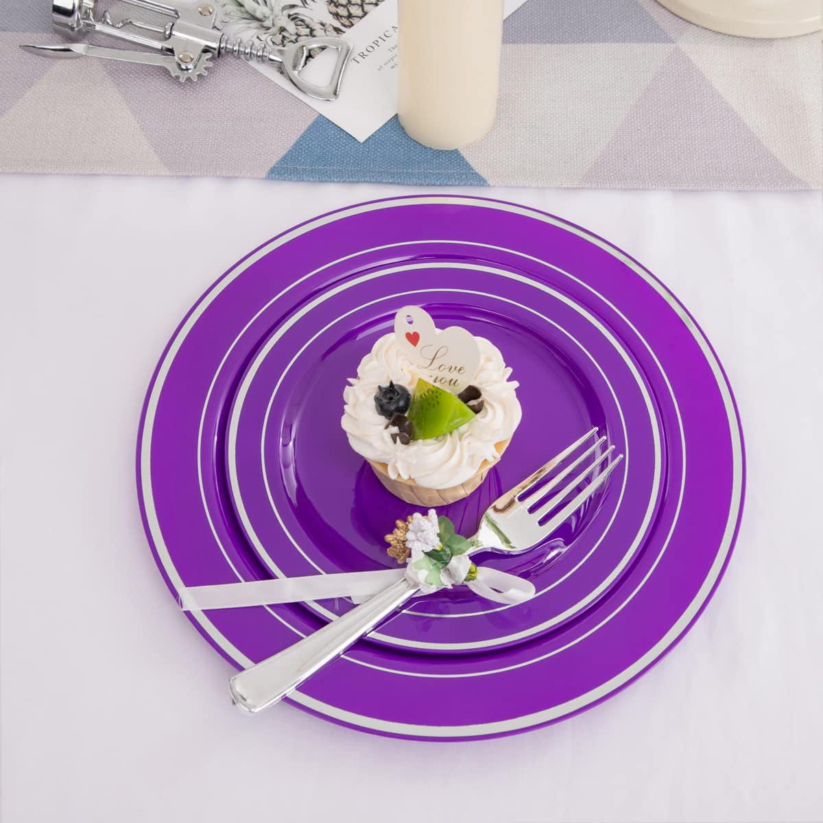 WELLIFE 200-Piece Purple & Silver Plastic Dinnerware Set - 40 Dinner Plates, 40 Dessert Plates, 40 Forks, 40 Knives, 40 Spoons - Elegant Disposable Tableware for Wedding, Party, Birthday, Bridal Shower & Special Events